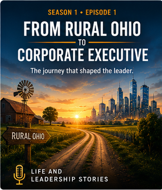 Promotional poster showing a rural scene with a dirt road, a windmill, a barn, and a city skyline in the background at sunset, with text indicating it is season 1, episode 1, part of a series about life and leadership stories.