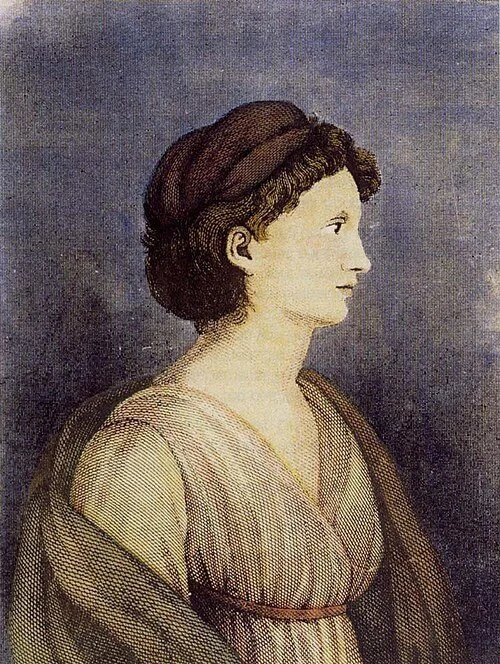 A portrait painting of a woman in historical attire with dark hair styled with a hairband, facing right. She is wearing a loose, striped dress with a sash, against a dark background.