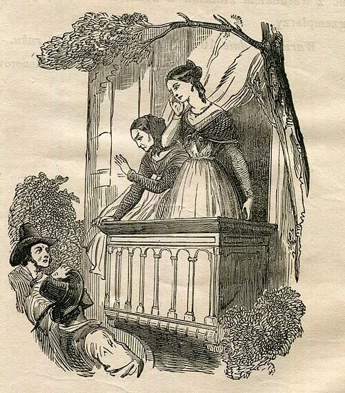 Two women standing on a balcony talking to a man sitting below, holding a hat. The scene is set outdoors with trees and bushes.