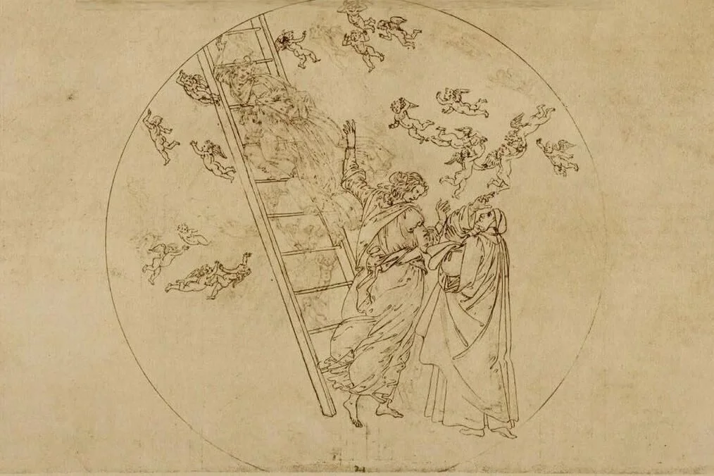 Botticelli’s “Golden Ladder,” conveying a woman leading a man up the ladder of wisdom, much like Diotima leads Socrates up the ladder of love and beauty.