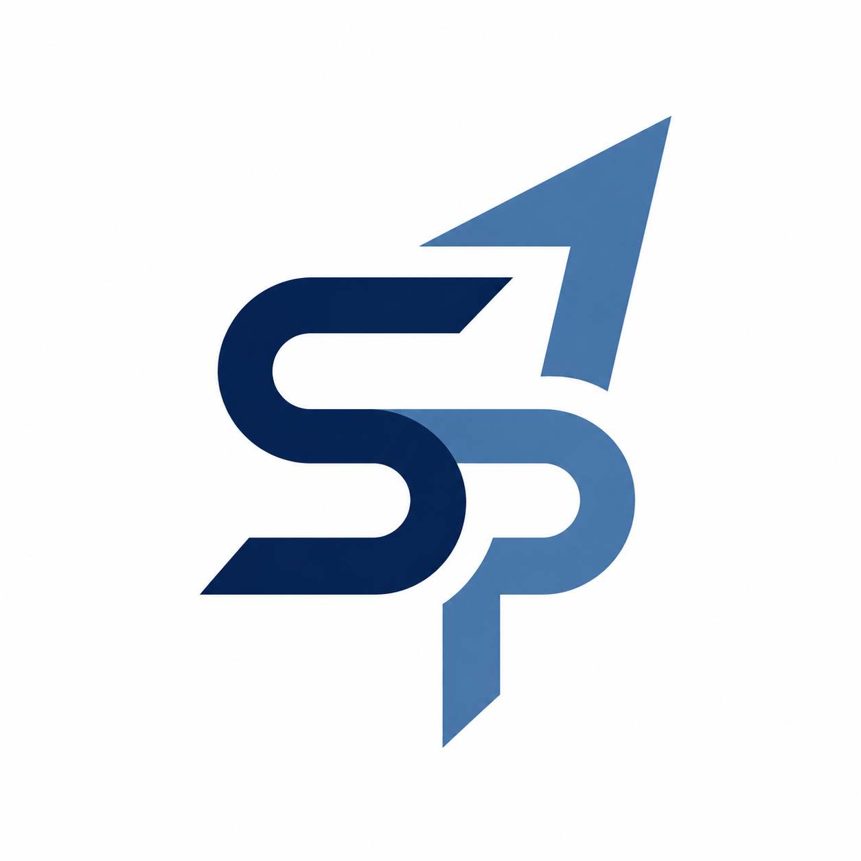 Logo with stylized letters 'S' and 'P' in blue shades and an upward arrow.