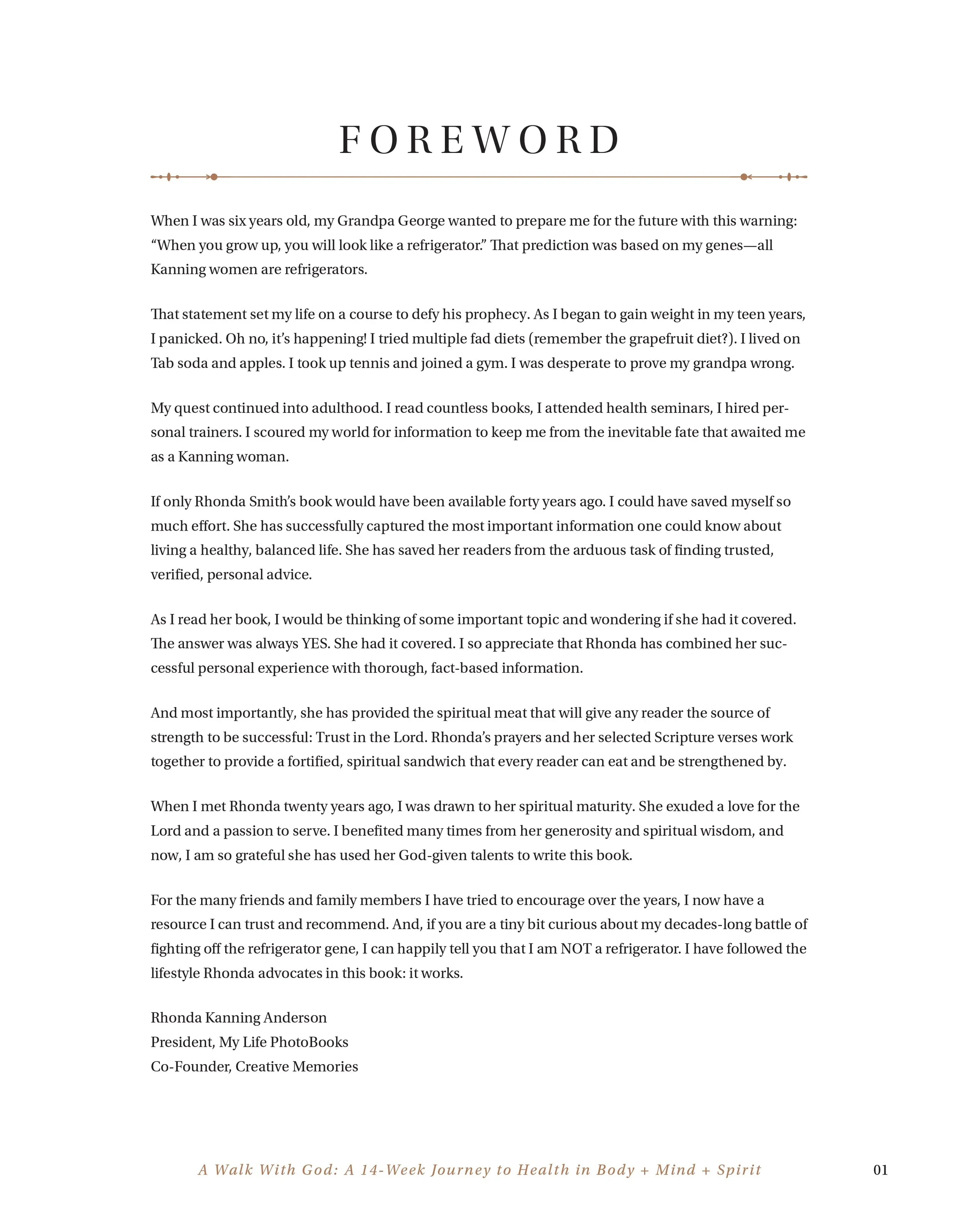 Title page of a book titled "A Walk With God: A 14-Week Journey to Health in Body + Mind + Spirit" with Foreword text, author name Rhonda Kanning Anderson, her titles including President, My Life PhotoBooks, Co-Founder, Creative Memories, and page nu