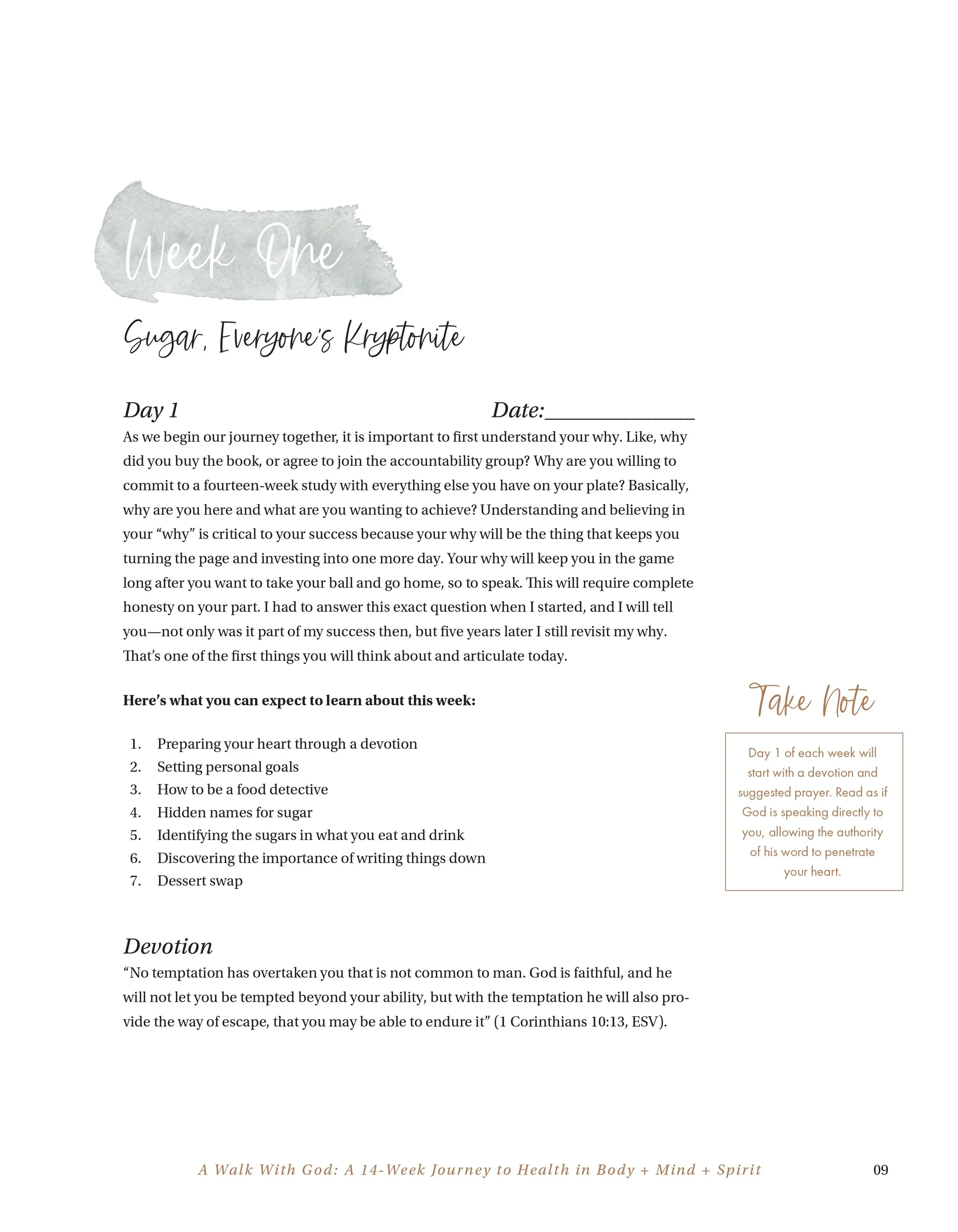 A weekly devotional guide titled 'A Walk With God: A 14-Week Journey to Health in Body + Mind + Spirit,' featuring sections for each day with reflections on topics such as sugar, accountability, and devotion, with a soft color palette and elegant fon