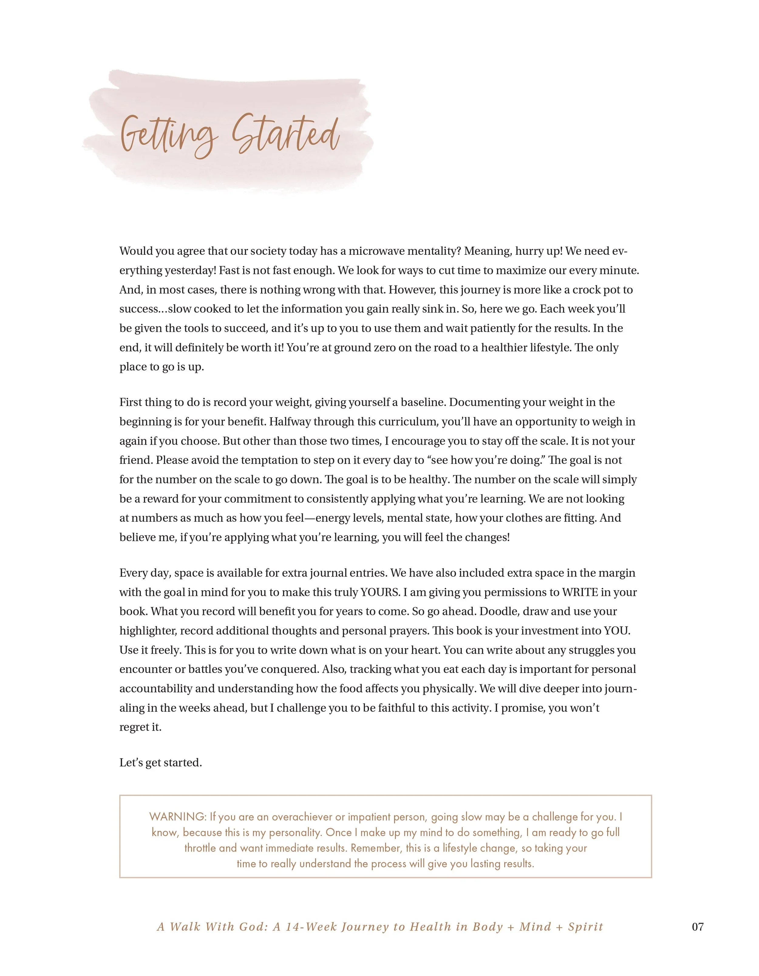 A page from a book titled 'Getting Started' with a pink brushstroke graphic and decorative text, discussing society's microwave mentality and encouraging lifestyle changes for health and well-being.