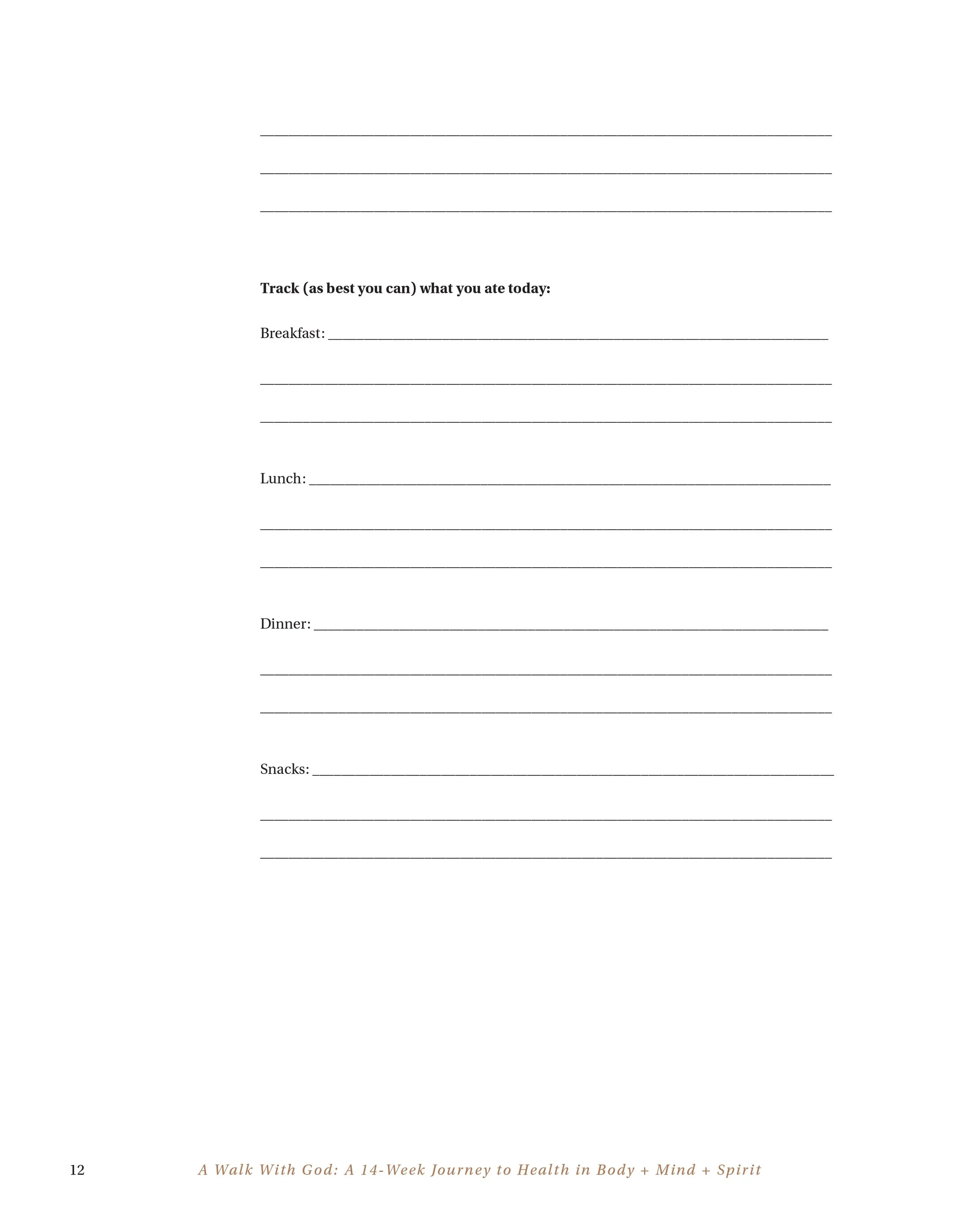 A blank worksheet page with lines for tracking daily food intake, including sections for breakfast, lunch, dinner, and snacks, titled 'A Walk With God: A 14-Week Journey to Health in Body + Mind + Spirit' at the bottom.