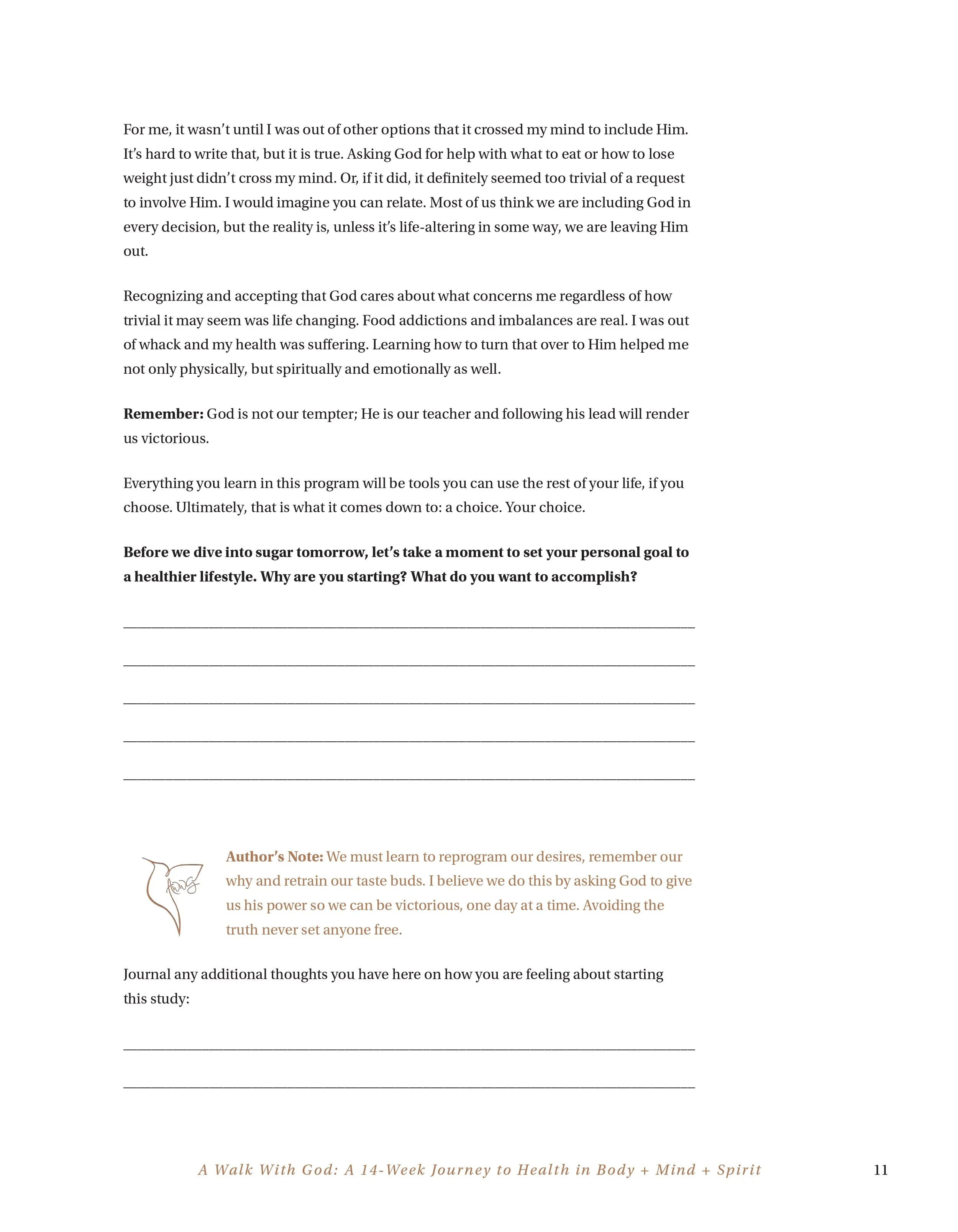 A PDF page with black text on a white background, including an author’s note with a small handwritten signature or drawing at the bottom left corner, and a title at the bottom in brown font: "A Walk With God: A 14-Week Journey to Health in Body + Min
