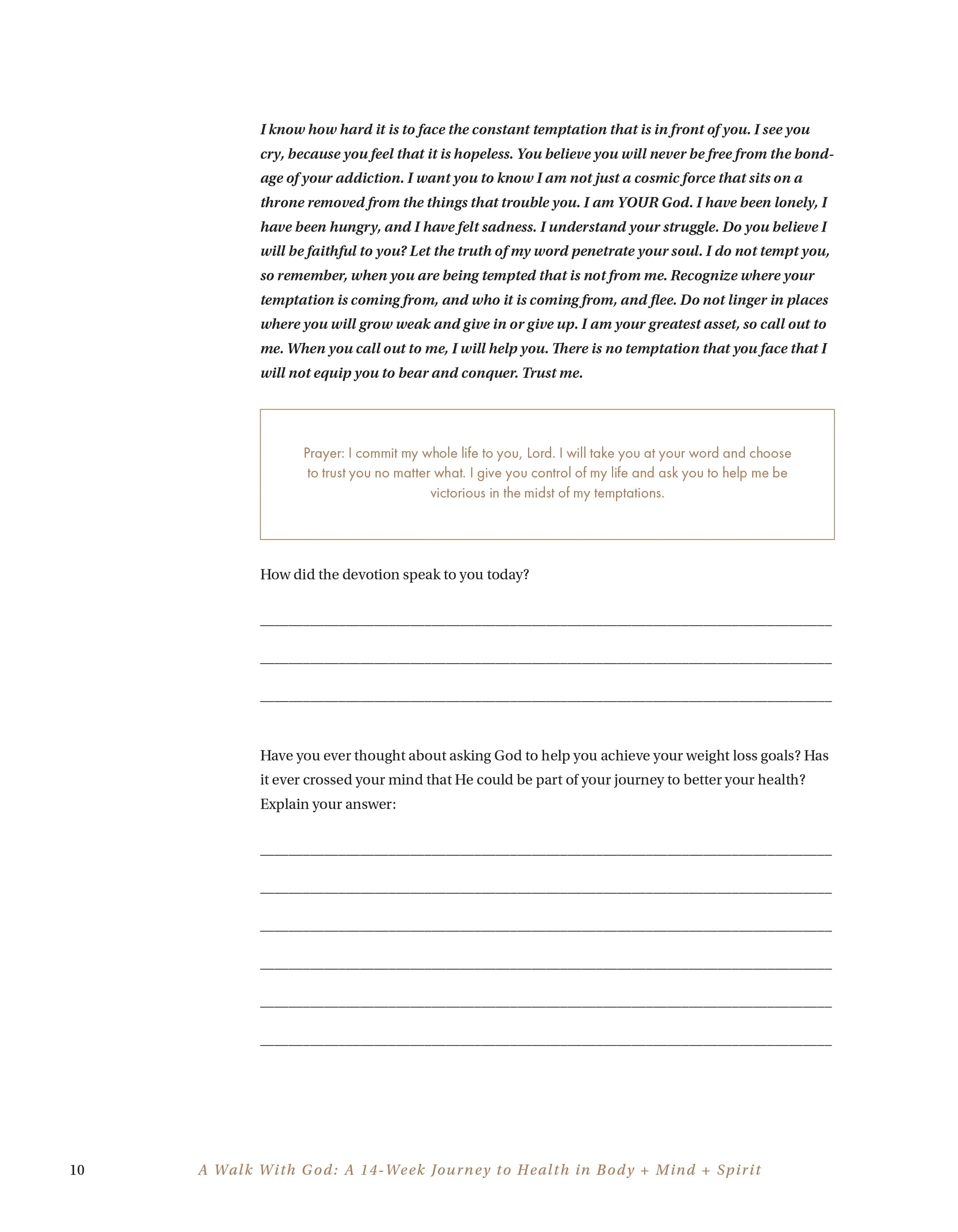 A page from a religious or inspirational book featuring handwritten-style text and a prayer about devotion, trust in God, and overcoming temptation. The page includes a section titled "A Walk With God: A 14-Week Journey to Health in Body + Mind + Spi