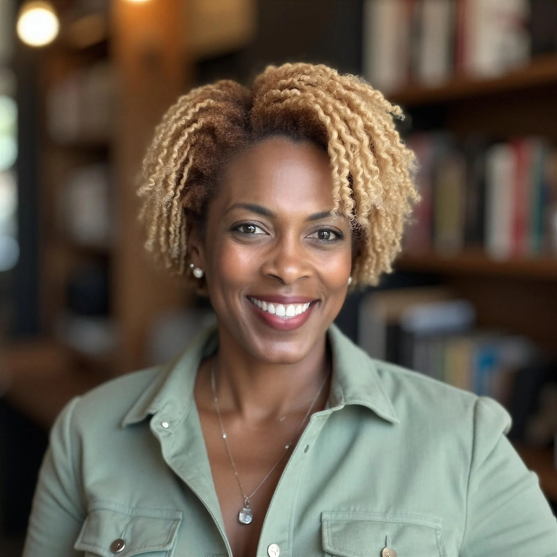 A close-up of a smiling woman with curly blonde hair, wearing a beige shirt and jewelry, in a warmly lit room with bookshelves in the background.