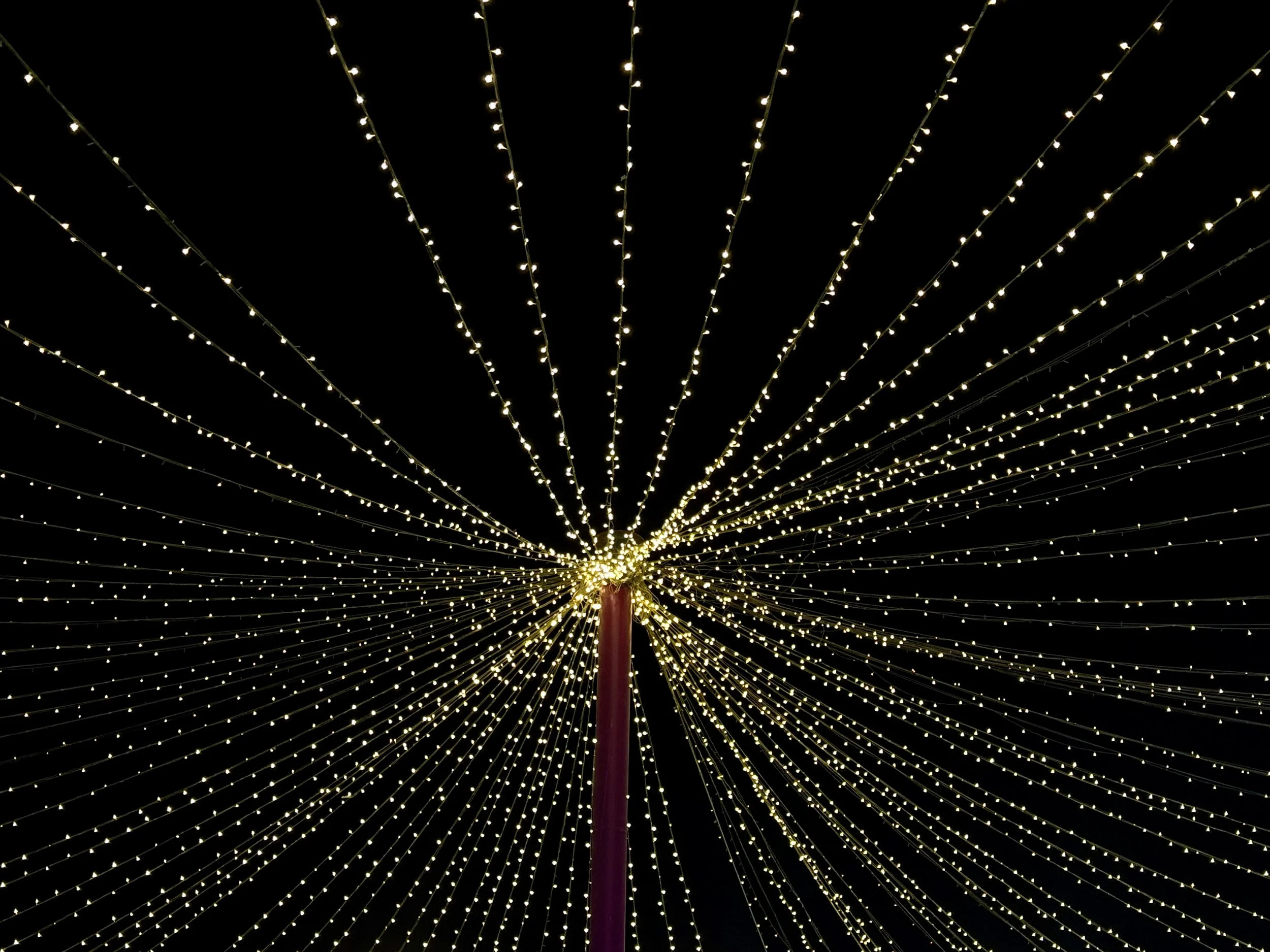 A dark sky with strings of small white lights radiating outward from a central point, creating a starburst pattern.
