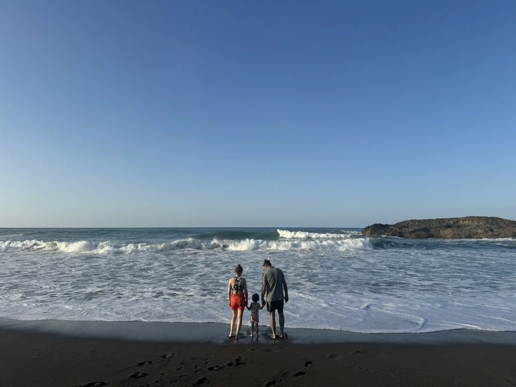 Family of three standing on the beach near the ocean, holding hands, with waves crashing and a rocky headland in the background under a clear blue sky.