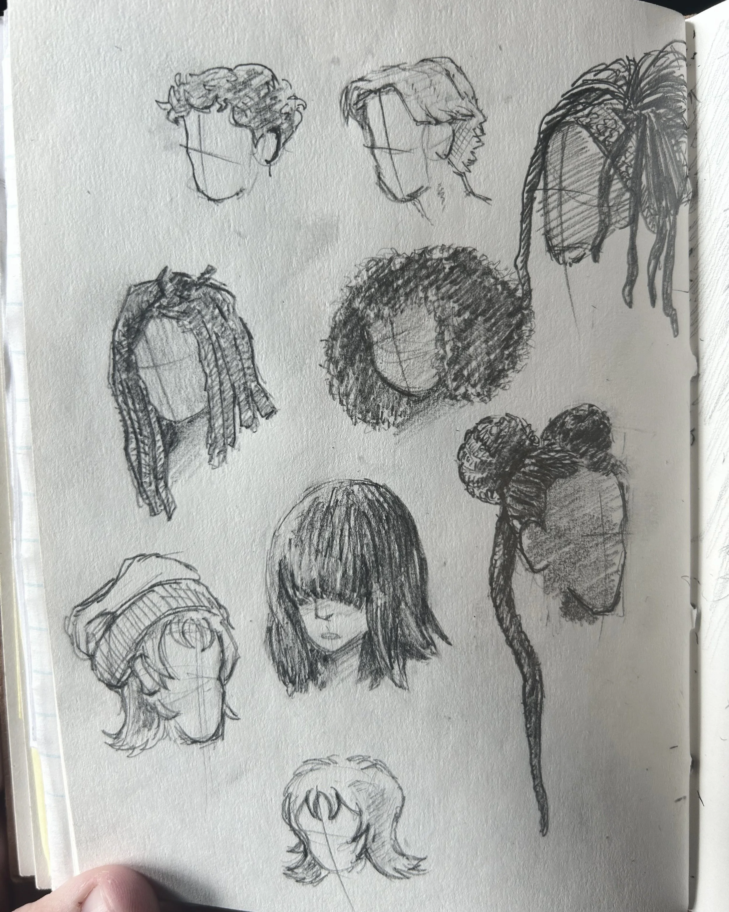sketch weekly; week of 6/8; 1 of 2

practice sketches of different hairstyles.

--
#sketchweekly #sketch #sketchbook #pencil #illustration