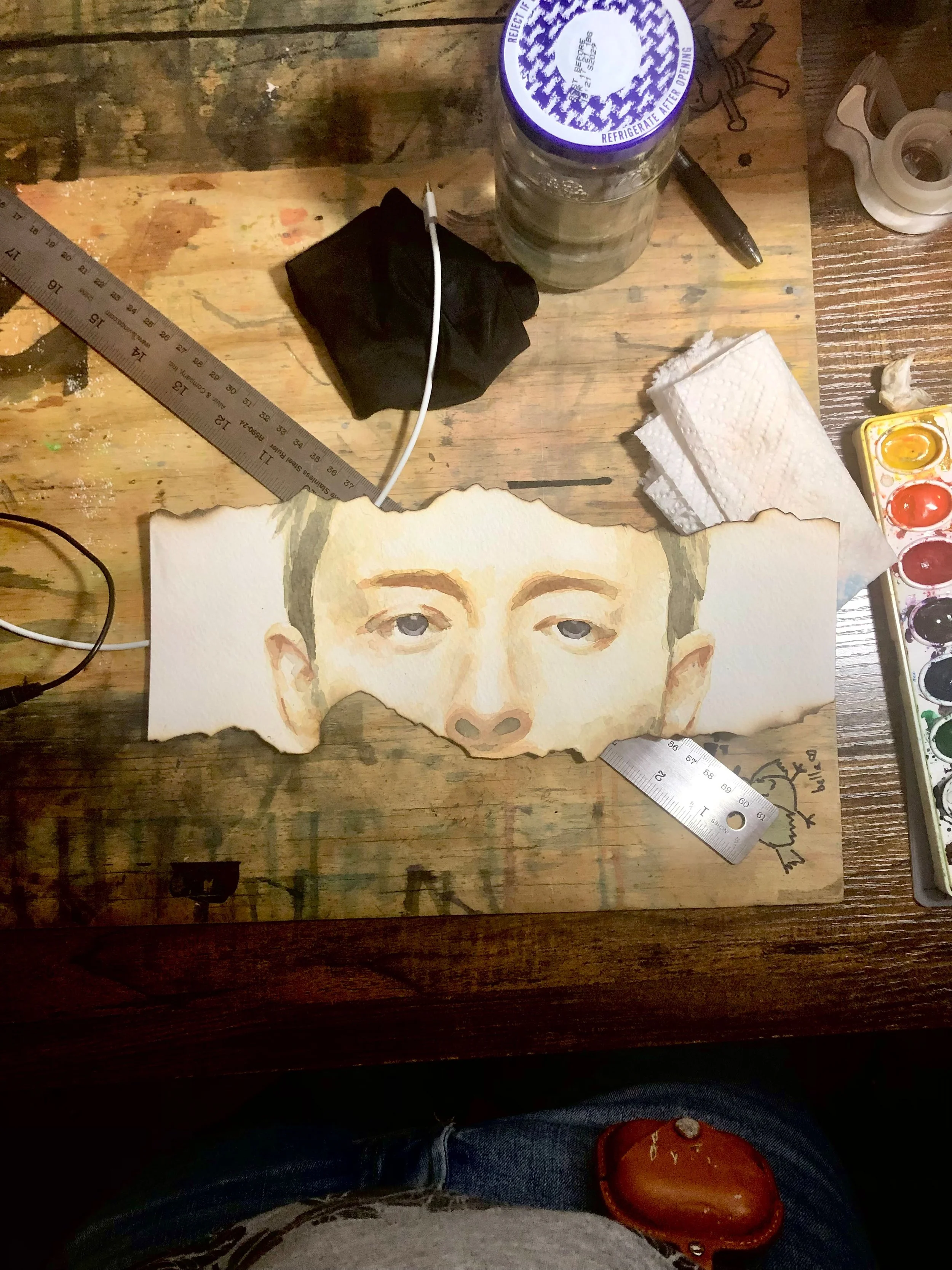 I wanted this portrait to still be easy to distinguish as Thom Yorke while being reflective of the work that was driving this as a gift in the first place. Hence, having the watercolor portrait be truer to the subject's appearance than the rest of th