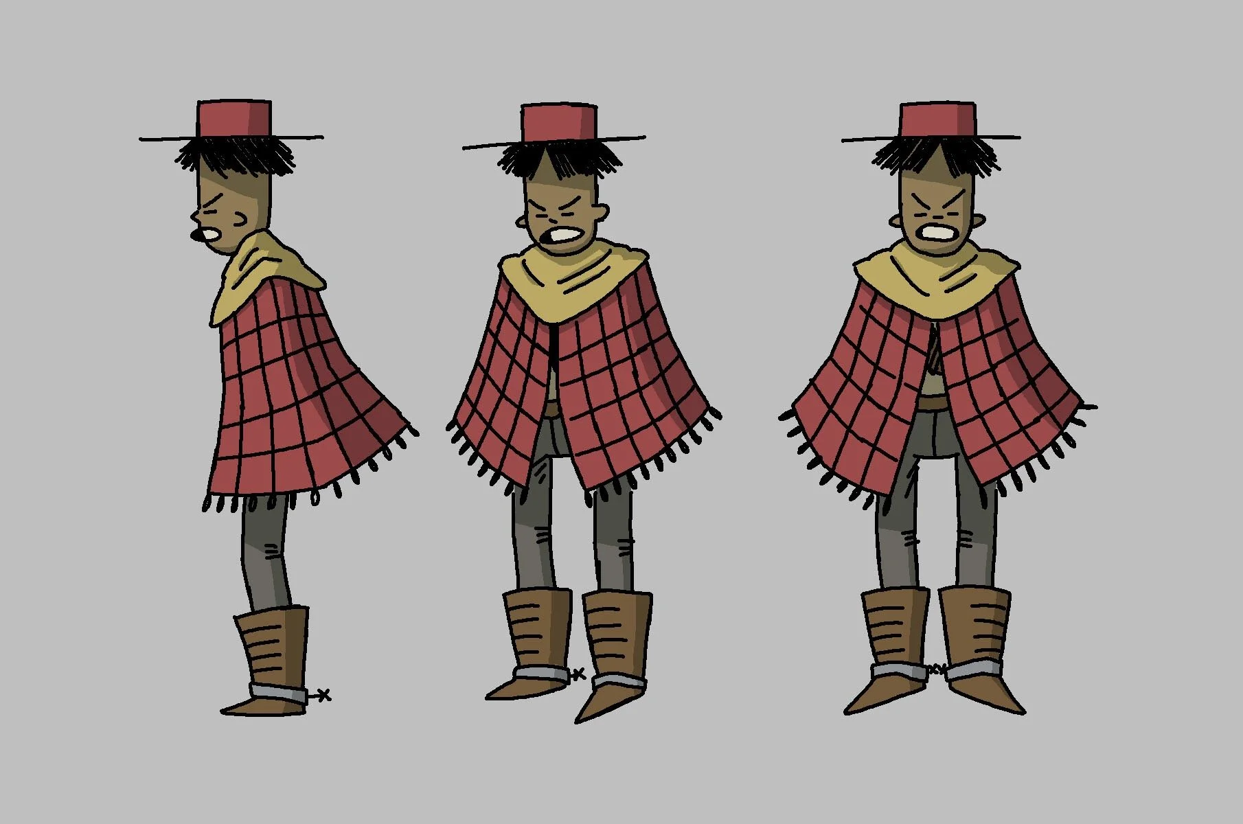 Simple character turnaround. I think there's a lot here I don't really like for this style anymore, like the strict adherence to solid black lineart, but the overall character colors felt nailed down at this stage.