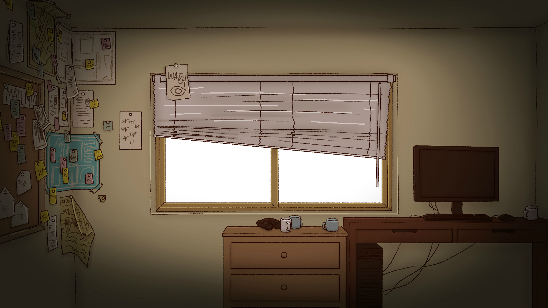 Inside background.
I wanted to make this room cohere with the conspiracy board, so you can see bits and pieces peeking out from the left.