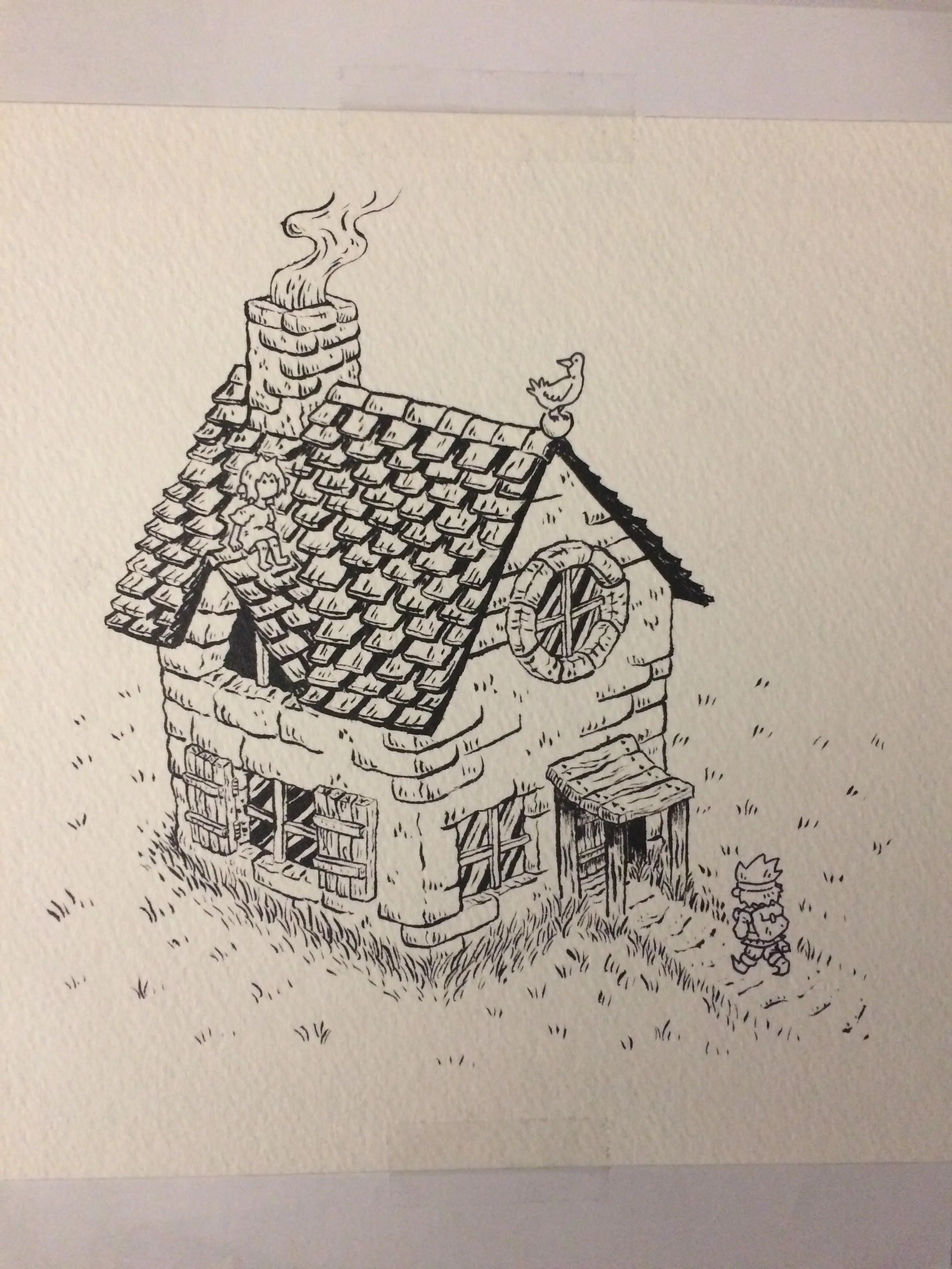 Like "The White Tree", this was another piece where I was experimenting with brush-tip lining, though this time I decided to limit the brush-tip usage to the building and scenery, while the other subjects would use simple nib liners. Also trying to f