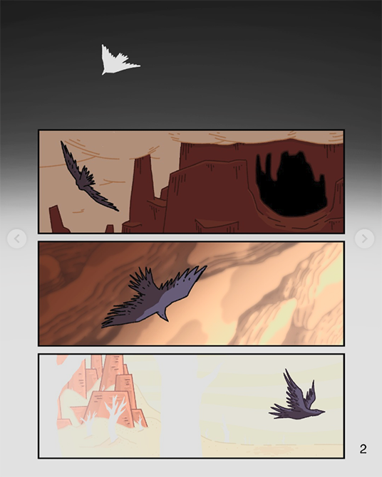 I started drawing the comic with page layout in mind. I wanted each page to feel coherent as a composition, while each individual panel could feel a little cinematic. This introductory four-panel page also gave me some opportunity to mess around with