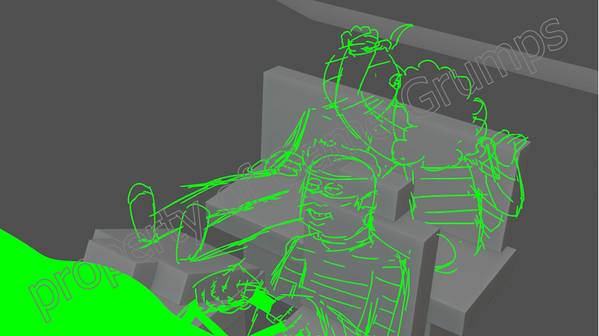 I'm going to show the breakdown of a single shot on this project, starting with the animatic, which I plotted over the Blender reference. I knew I wanted to do a shot that moves Dan from passenger to driver in a very cartoony motion, so this angle th
