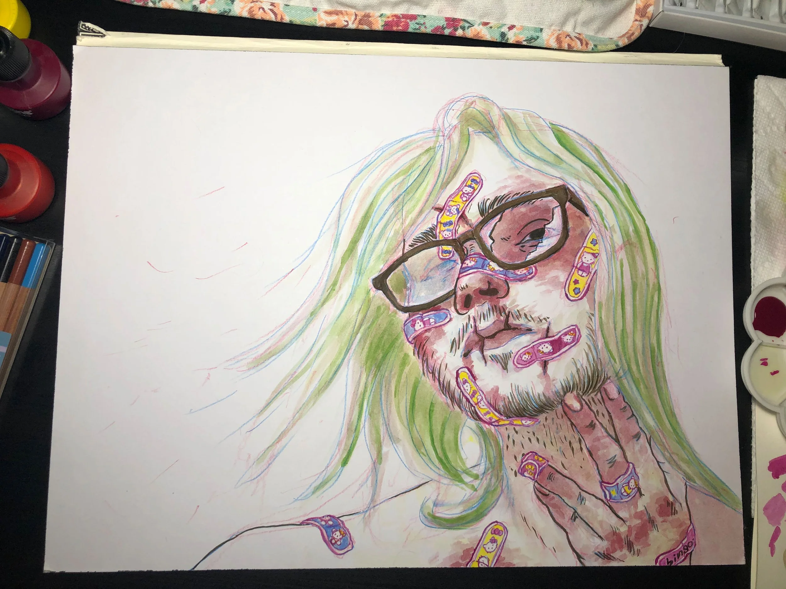 Here's the final, pre-scan. I changed the color of the hair to match better with my hair at the time of painting. I also added more bandages to make the body and hand of the subject feel more in-line with the overall piece.