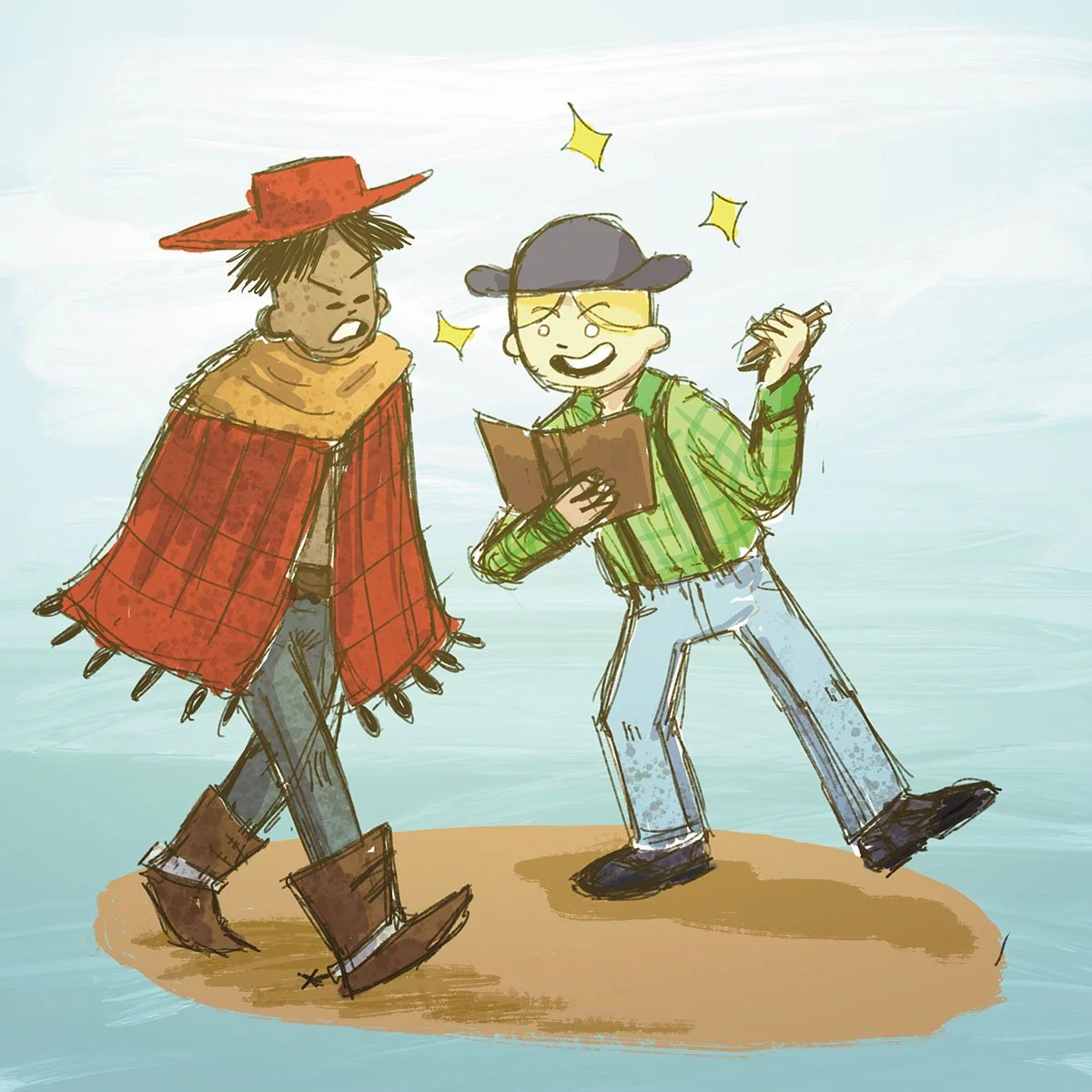 Since I put way more focus into Yeehaw's character, Winnie felt like he was unfinished as a character. Making art that put the two characters together to show what they were like as a team helped solve those worries for me.
