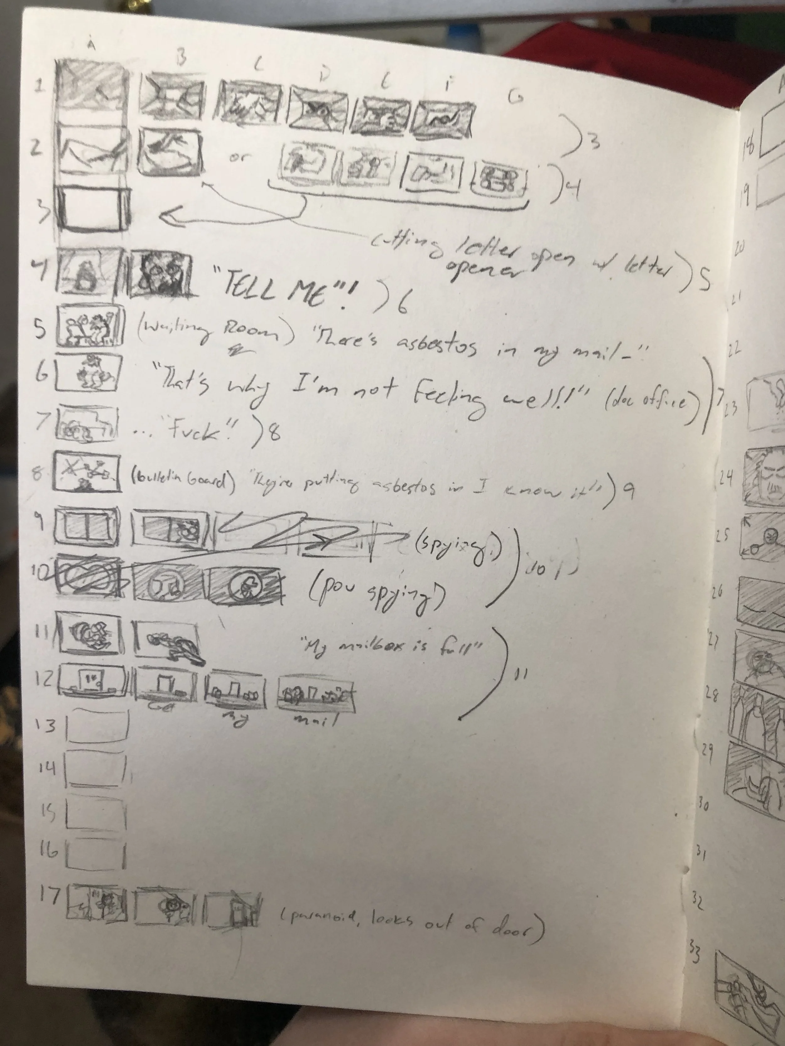 I like to plot out thumbnail versions of storyboards to get the idea for shots before actually storyboarding and timing them out. This method isn't very good for teams, since there's a lot here that I can only communicate to myself with, but since I 