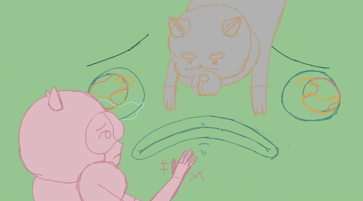 I wanted the big fish face of the Wallace character to be central to my shot. Even at the animatic stage I wanted the rough animation to see how the action would effect the other characters, especially Puppycat on top.