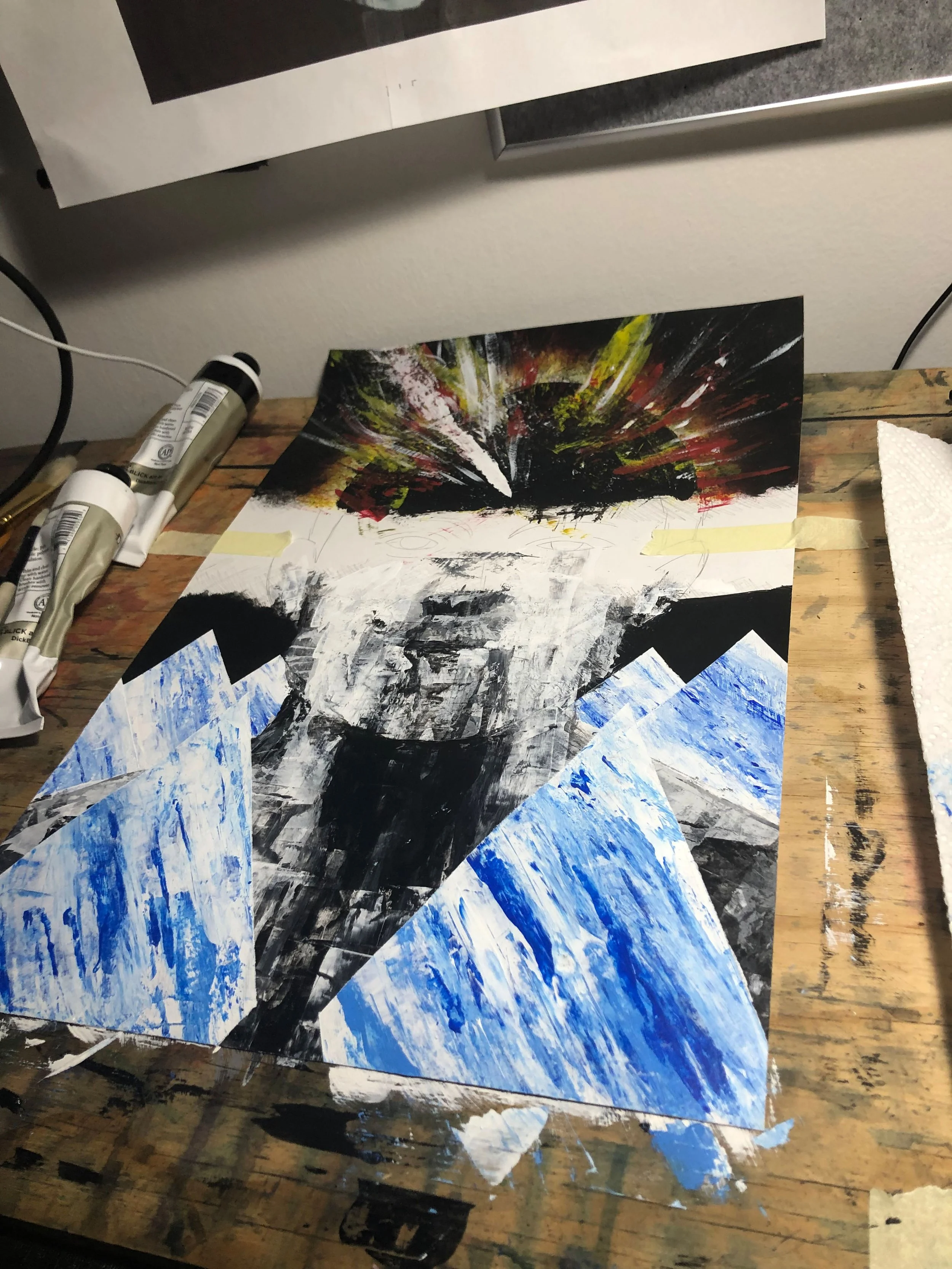 Stanley Donwood is the artist credited with several Radiohead album covers, which often mix the messy texture of physical media with the abstract rigidity of digital aesthetics. I made the top of the piece inspired by Radiohead's "In Rainbows" cover,