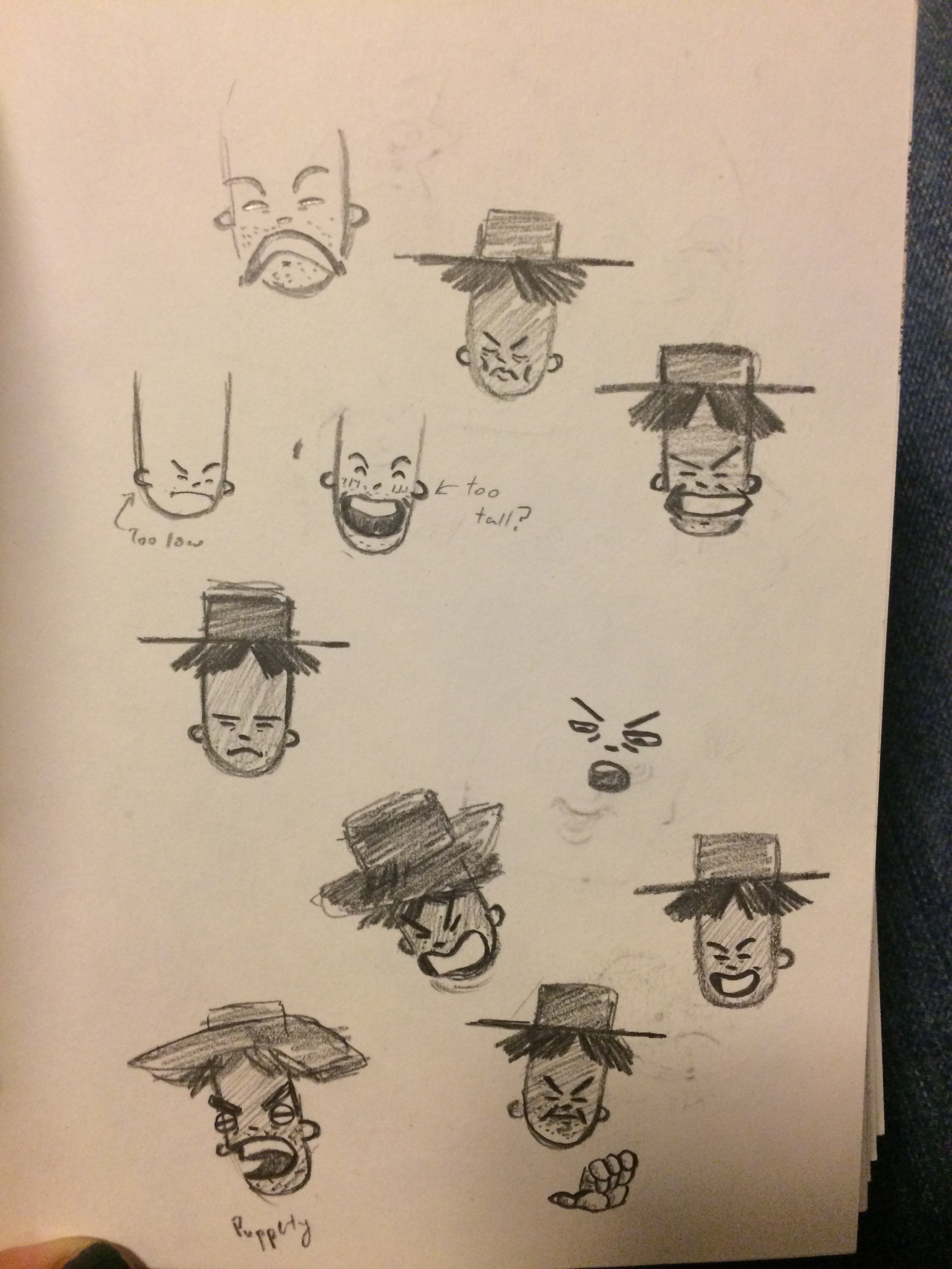 Some explorations of Yeehaw's facial range. I always drew Yeehaw as a kind of grouchy man, but knew he'd need to be able to do more than that. Some faces just didn't seem to work with Yeehaw as a character, like smiling, which made for an interesting