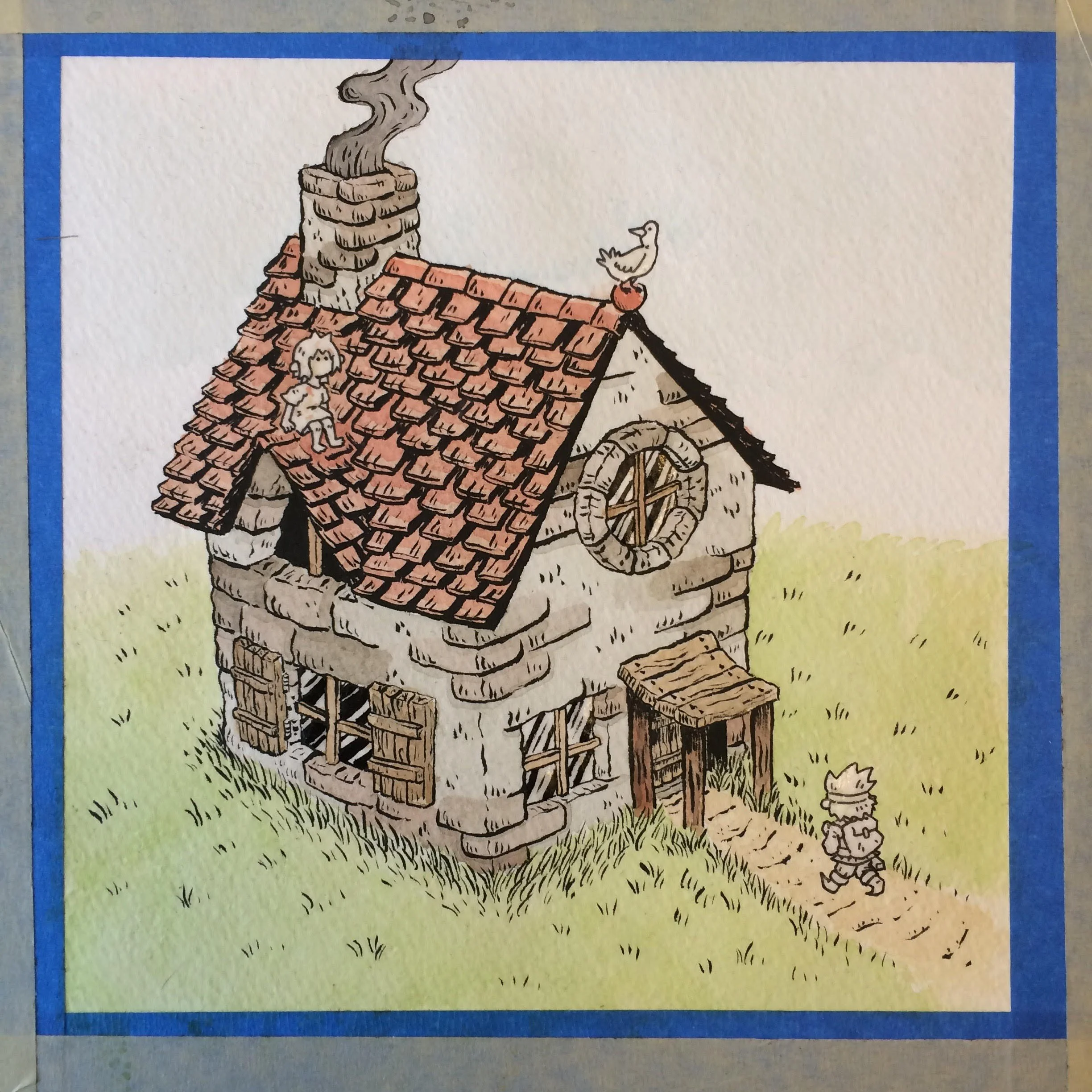 Flat colors. A lot of my watercolor work takes inspiration from illustrators like Heikala, and I remember thinking of her work while adding the different brick colors to the building.