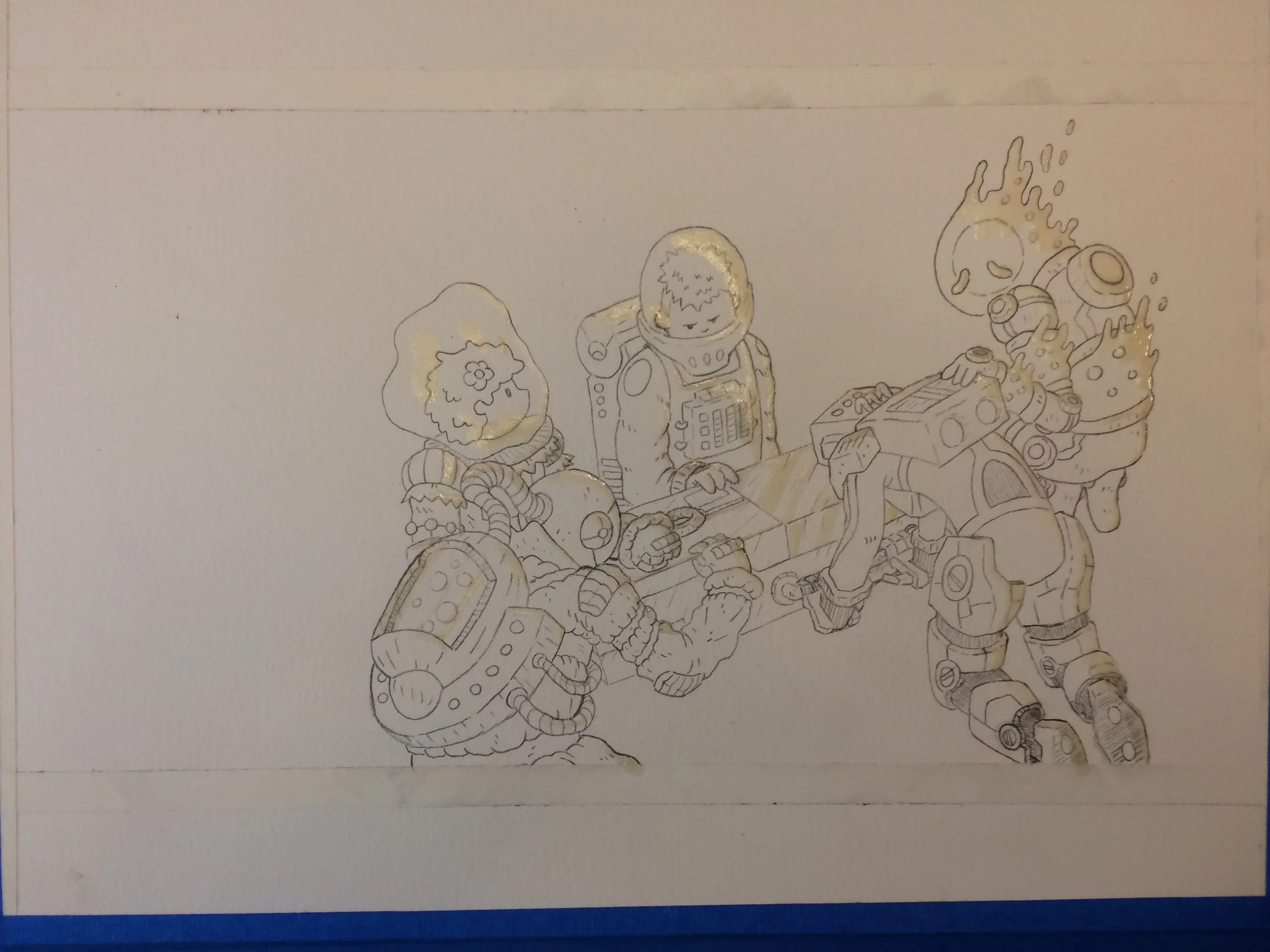 Here's the pencil lines and masking fluid on paper, ready for ink and color.
