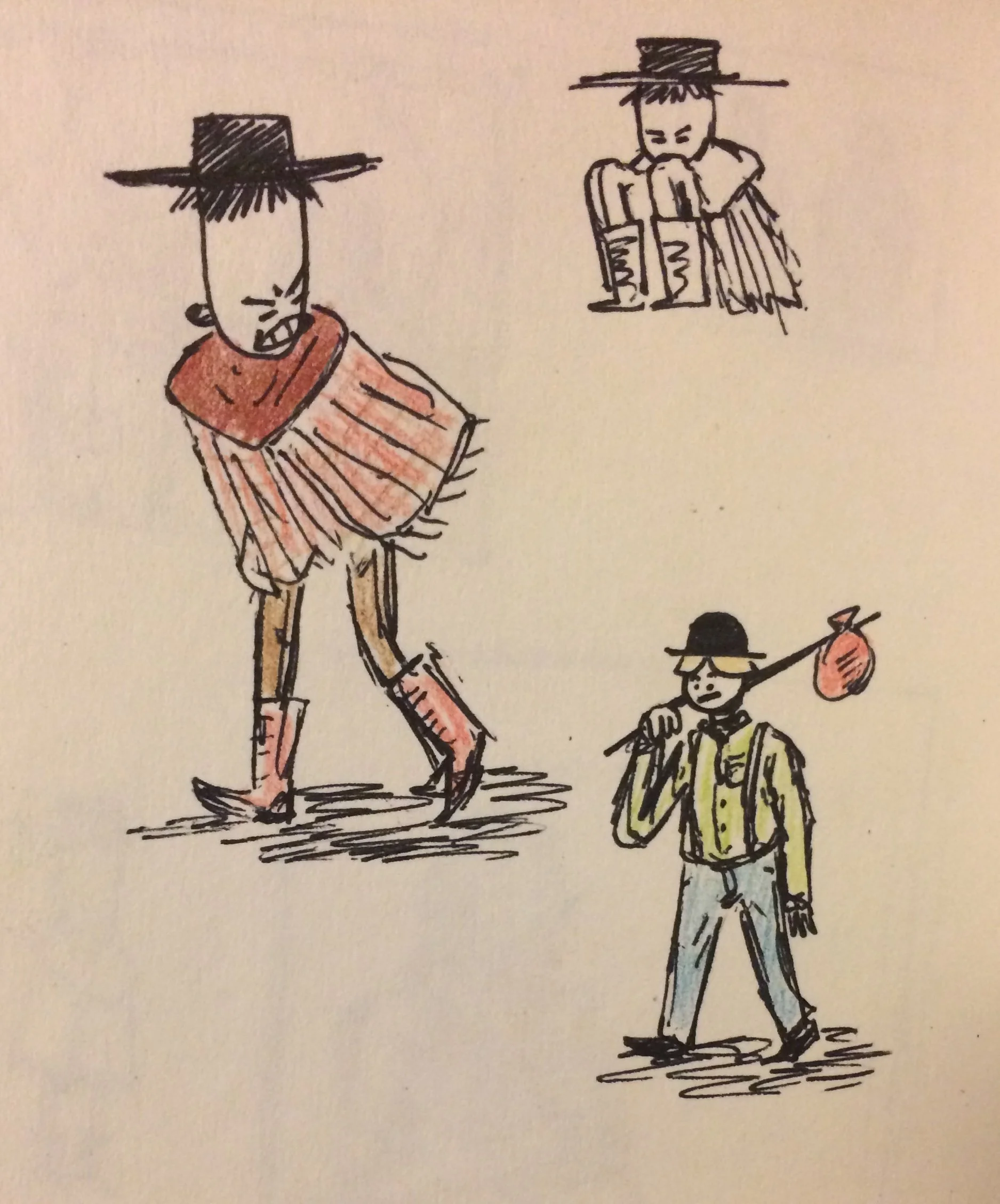 I doodled Yeehaw in margins of papers for a long time, but in a character design college class I took the opportunity to try and flesh this design out more for a project. A lot of the drive for that was to push the character's poses and angles to kno