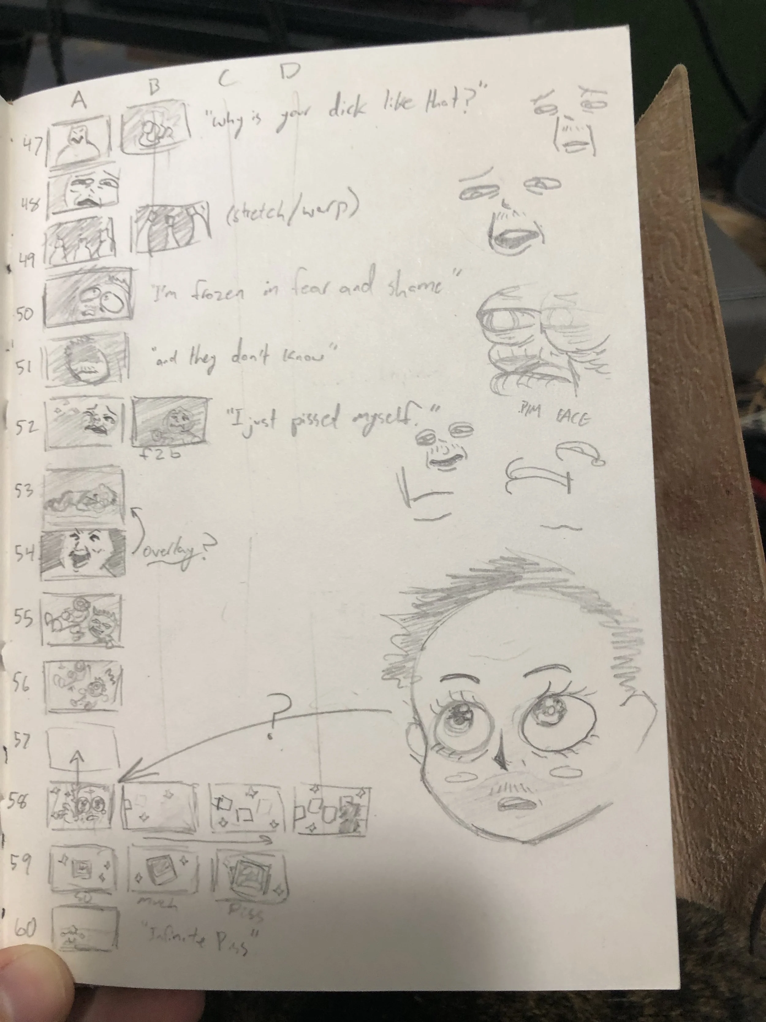 The bottom right face was an instance where the thumbnail wasn't enough to figure out the look here, so I quickly sketched out how the character would look in this scene for clarity.