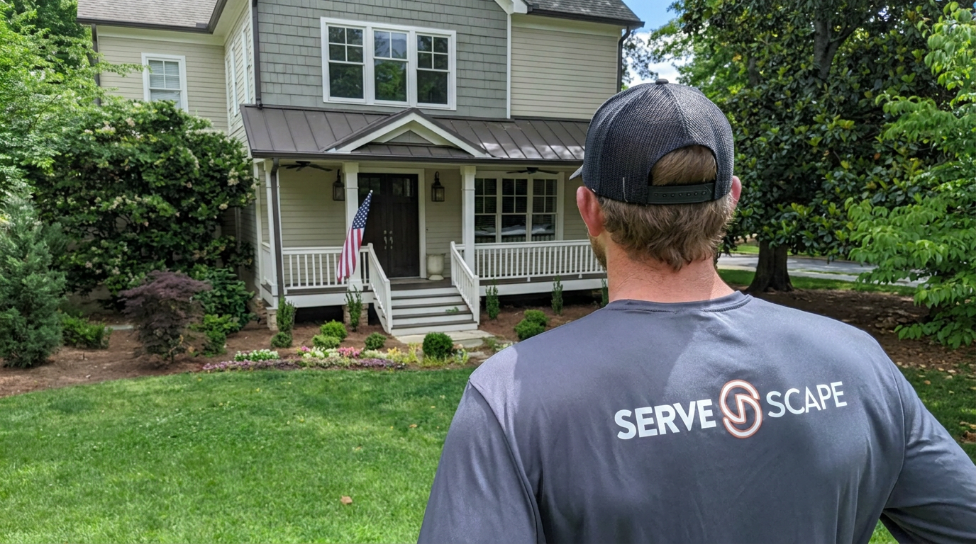 A man wearing a gray ServeScape shirt and a black cap standing outside in front of a house with a porch, American flag, and landscaped front yard with bushes and trees.