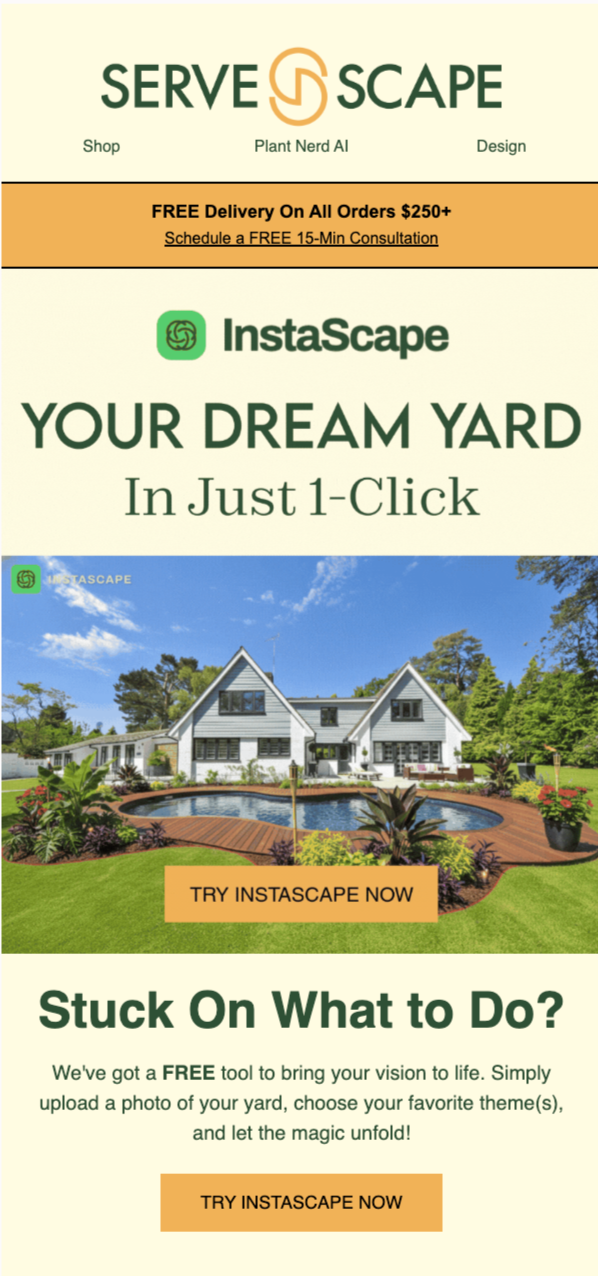 Advertisement for Instascape, a yard transformation service, featuring a large house with a pool, colorful garden, and blue sky, highlighting free delivery on orders over $250 and an invitation to try the service.