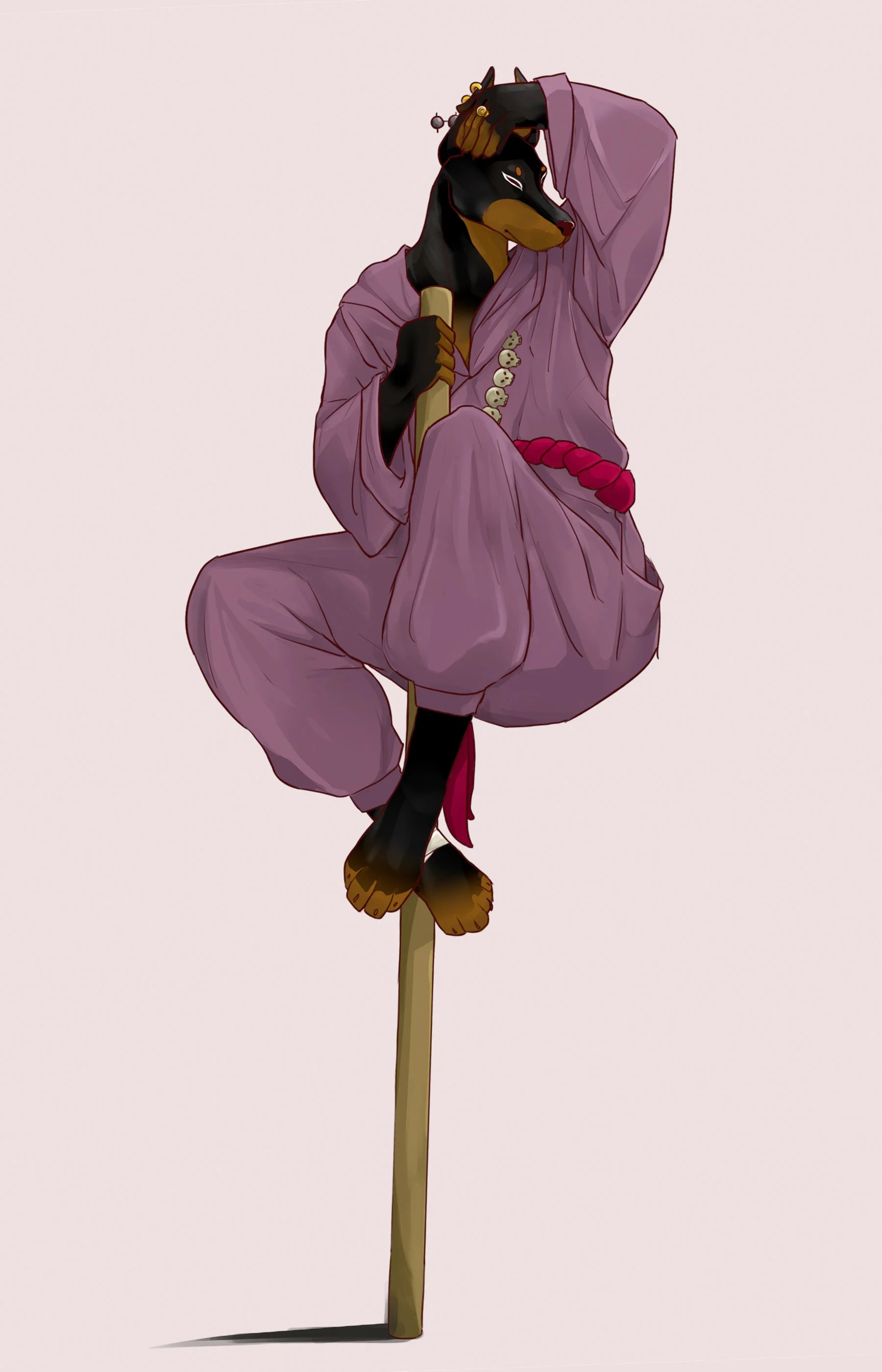 A digitally drawn anthropomorphic dog on a stick, wearing purple pajamas with buttons and a red sash, with a relaxed pose and expressive face, set against a plain light background.
