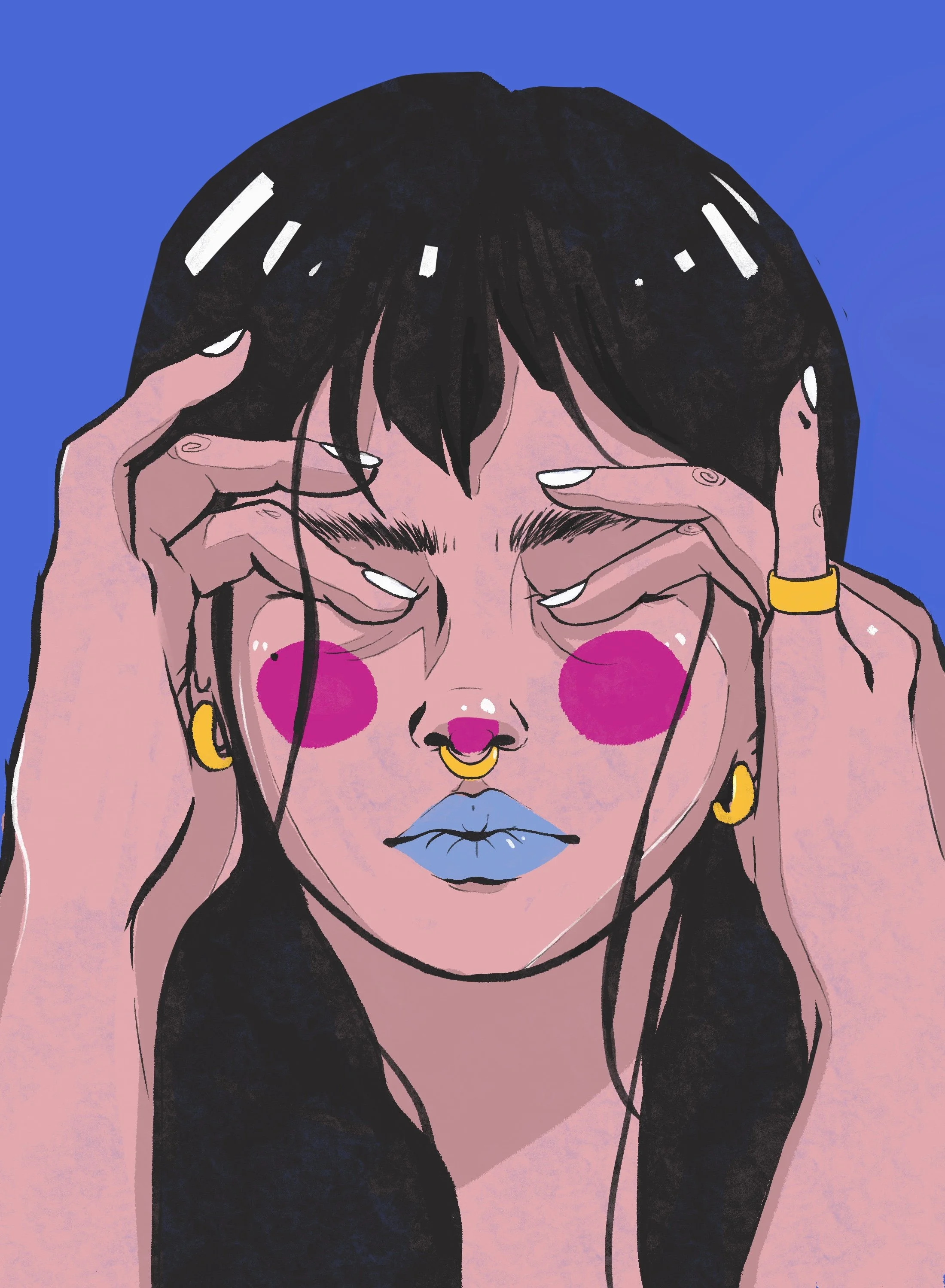 Illustration of a woman with dark hair, closed eyes, pink cheeks, blue lips, and a nose ring, holding headphones to her head, set against a blue and pink background.