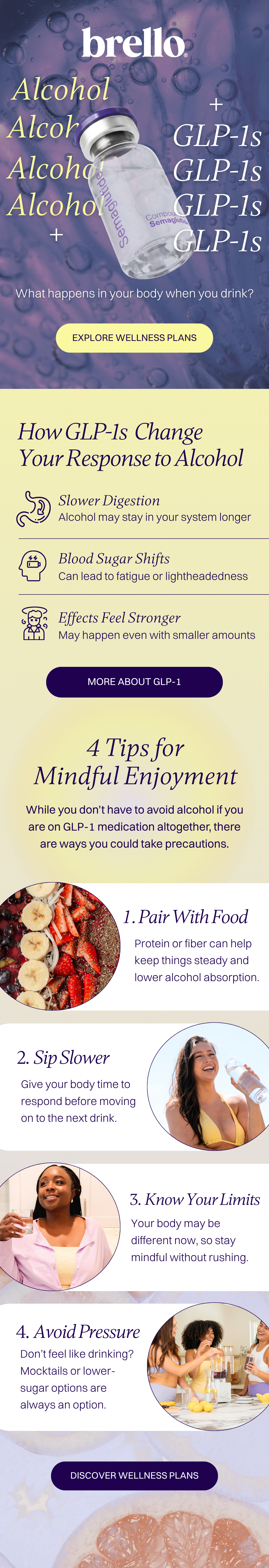 An informational graphic about alcohol's effects on the body and tips for mindful drinking, featuring a vial labeled 'Semaglutide' and sections on how GLP-1s impact alcohol response, tips for moderation, and wellness plans.