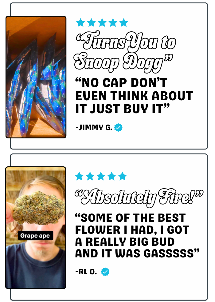 Two images showing customer reviews. The first image features a product with shiny, iridescent packaging, likely about a snappy or snack item. The second image shows a person holding a large, dense cannabis bud with a label that says "Grape ape." Each review includes five-star ratings and quotes praising the products.