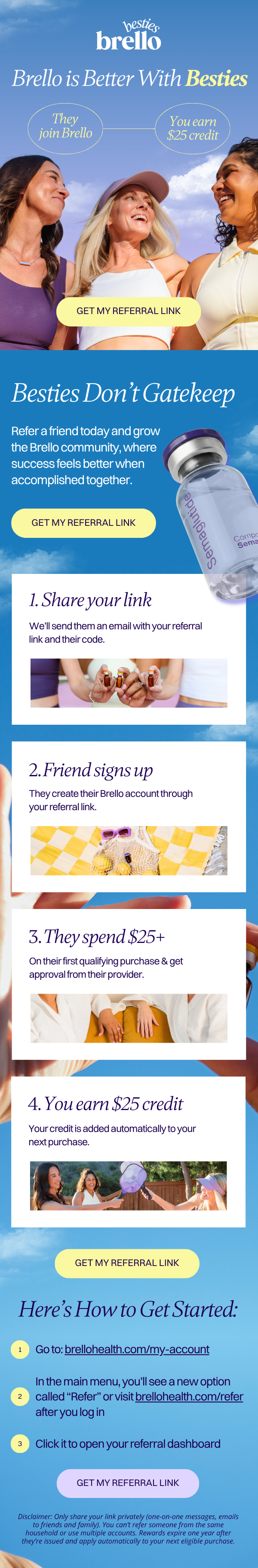 An advertisement for Brello, featuring three women smiling and looking at each other under a blue sky with clouds, promoting a referral program to earn credit through inviting friends to join Brello.