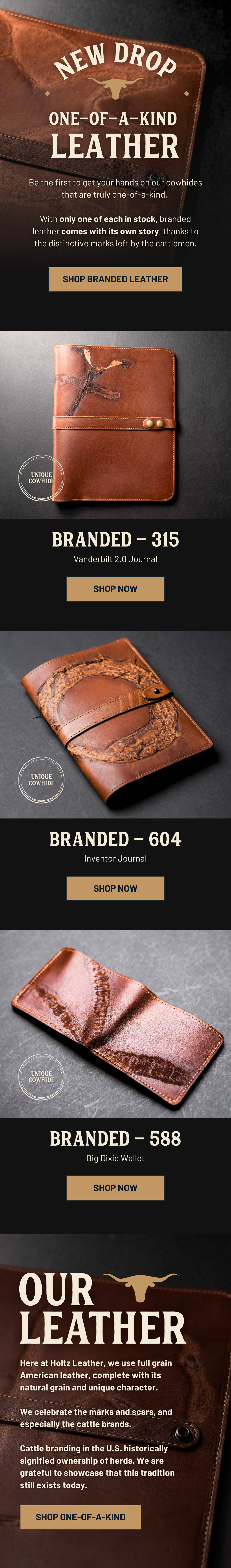 Advertisement for Branded Leather products including a leather journal, wallet, and planner, emphasizing unique cowhide and craftsmanship.