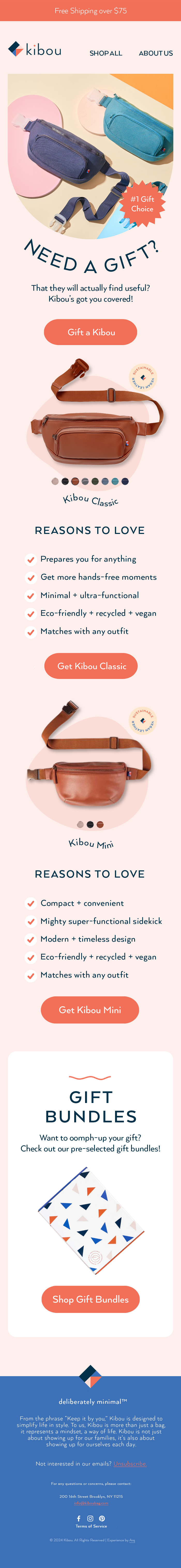 Advertisement for Kibou brand bags, showcasing two styles: Classic and Mini. Includes images of the bags, descriptions of features, and options to shop for gift bundles.