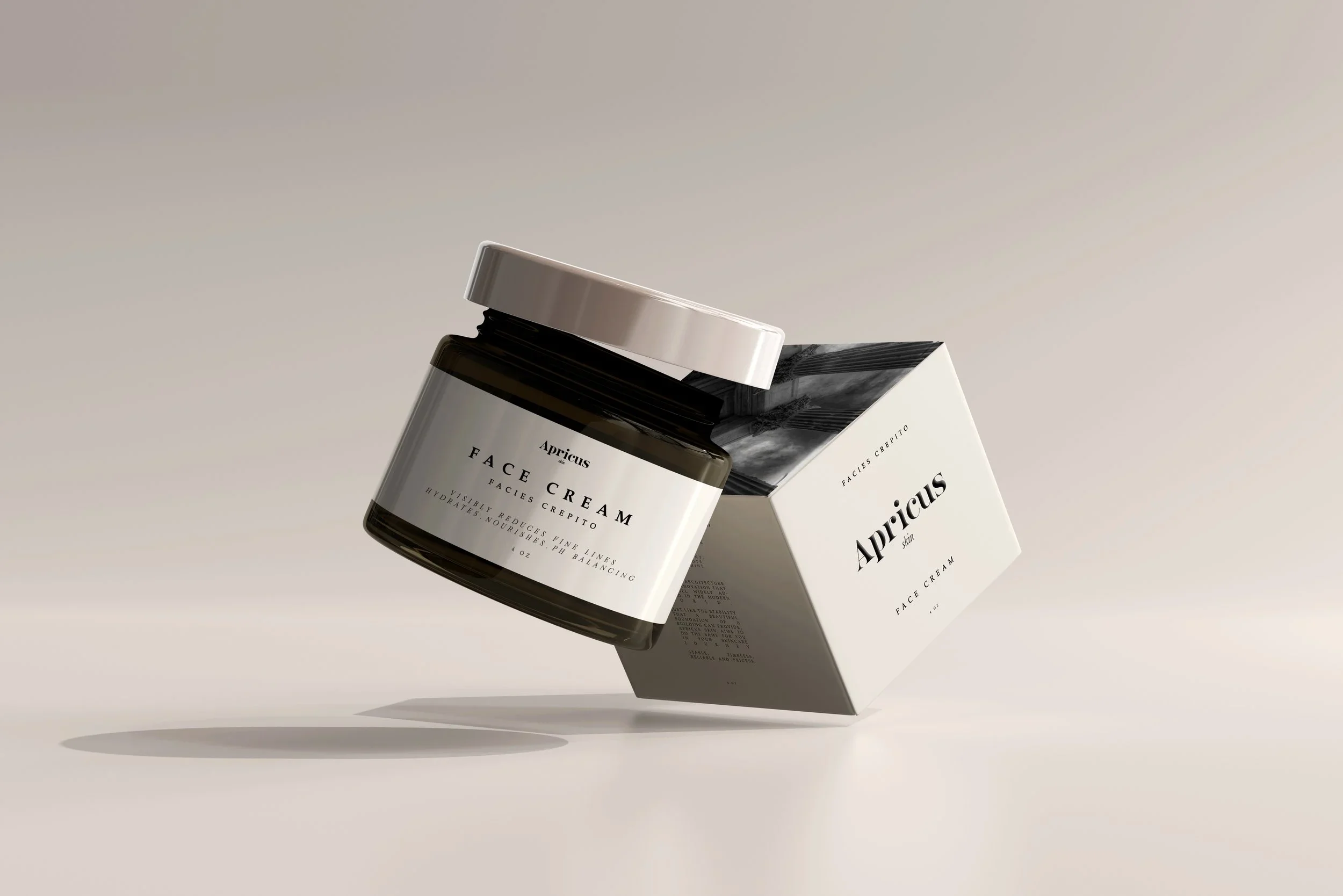 A jar of Apricus face cream and its packaging box are floating in midair against a plain light background, with shadows underneath.