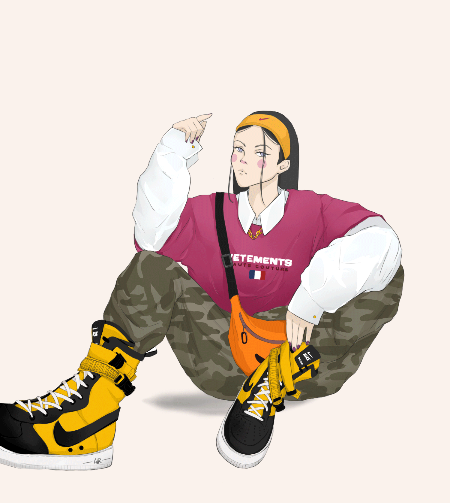 A young woman in a yellow headband, pink oversized t-shirt, camouflage pants, and yellow Timberland boots, sitting with one knee up and holding a tennis racquet. She has a confident expression and is looking at the camera.