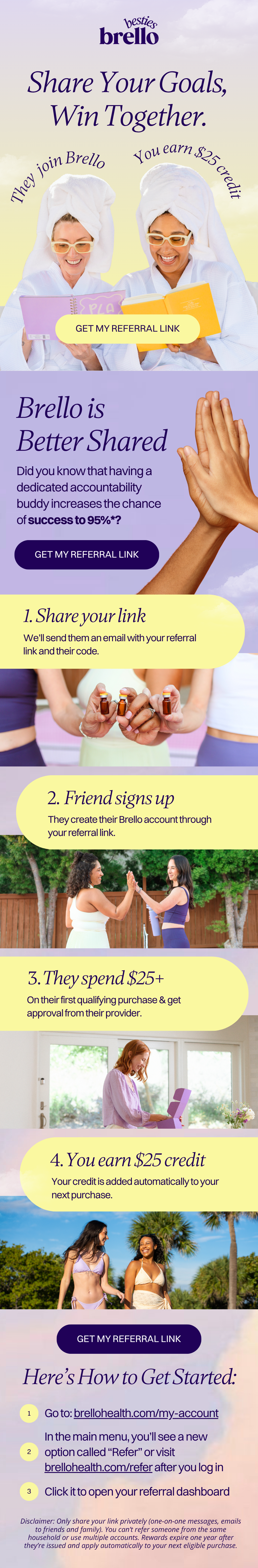 Advertisement for Brello, a referral program. Features two women with towels on their heads, holding a tablet, promoting sharing links to earn $25 credit. Explains steps: share link, friends sign up, spend $25+, you earn $25 credit.