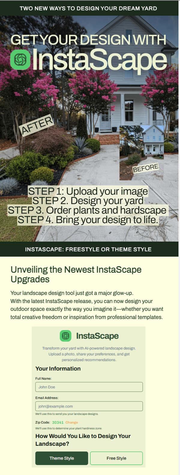 A promotional flyer for InstaScape garden designing service featuring a "before and after" image of a landscaped house yard. The top includes text "Two new ways to design your dream yard", and instructions for designing your yard in four steps. The flyer mentions new Instascape upgrades, highlights the ease of backyard design with AI, includes a form to input personal information, and offers theme or free style options for landscape design.