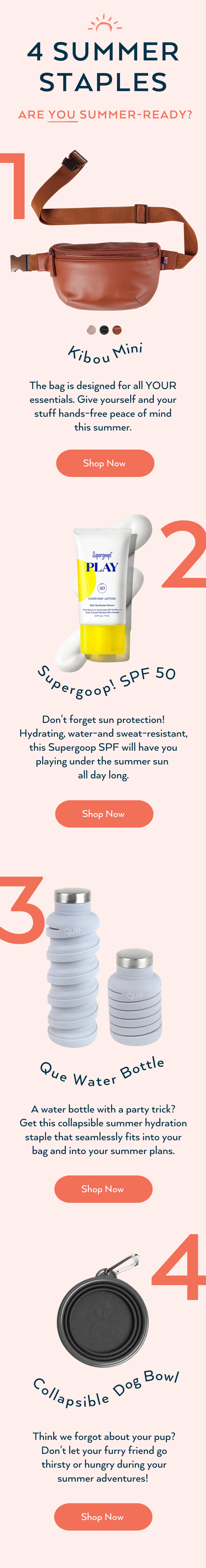 A vertical advertisement featuring four summer essentials: a tan mini belt bag, a yellow SPF 50 sunscreen tube, a collapsible silicone water bottle, and a collapsible dog bowl, with each item numbered and accompanied by descriptive text and orange "Shop Now" buttons.