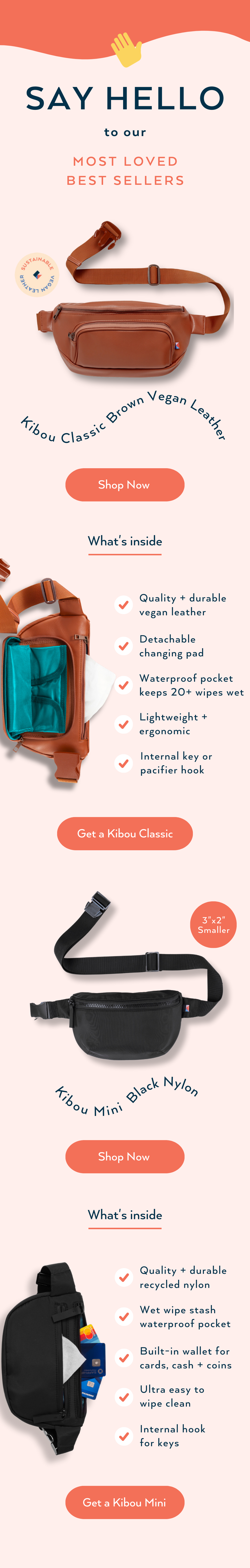 Vertical promotional infographic for Kibou classic brown vegan leather crossbody bag, Kibou mini black nylon waist bag, and their features, with call-to-action buttons to shop now.