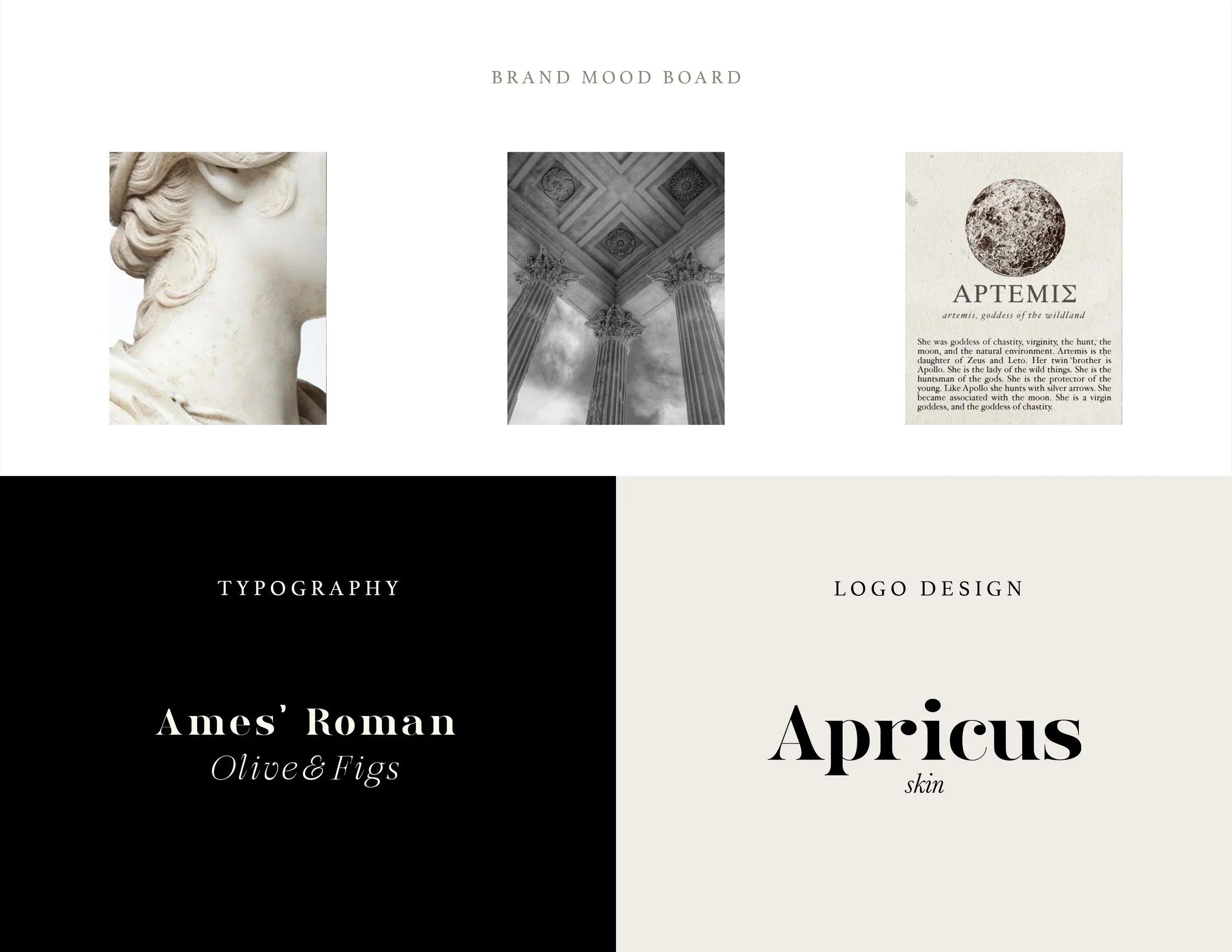 A digital mood board with four sections, each featuring images and text related to branding, typography, logo design, and color schemes, including classical sculpture, architectural columns, the moon, and text about the goddess Artemis.
