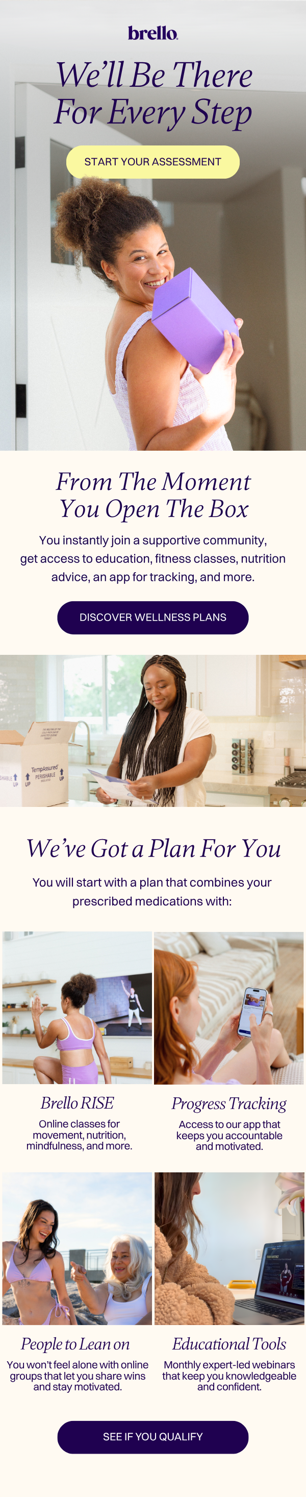 A woman holding a purple box and smiling in a home interior.