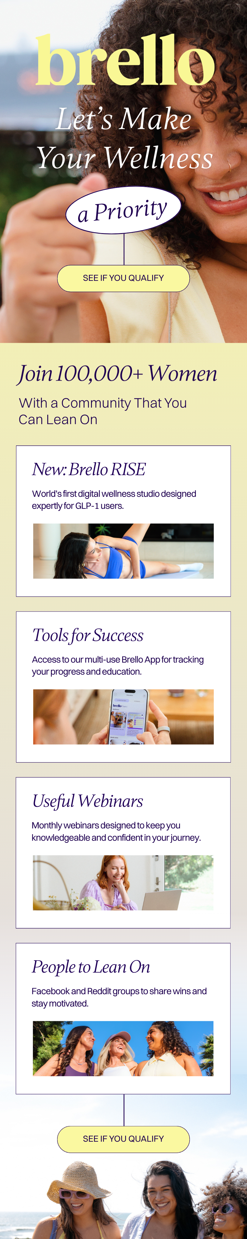 An advertisement for Brello, a digital wellness platform. It features a smiling woman with curly hair, text promoting wellness, community, webinars, and tools for success, with images of women exercising, using a phone, and socializing.