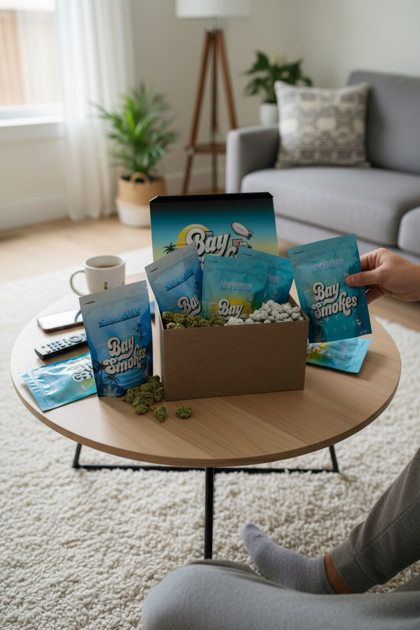 Person reaching to pick up a bag of Bay Smokes indoor cannabis on a round wooden table in a living room with a coffee mug, remote control, and green plants in the background.
